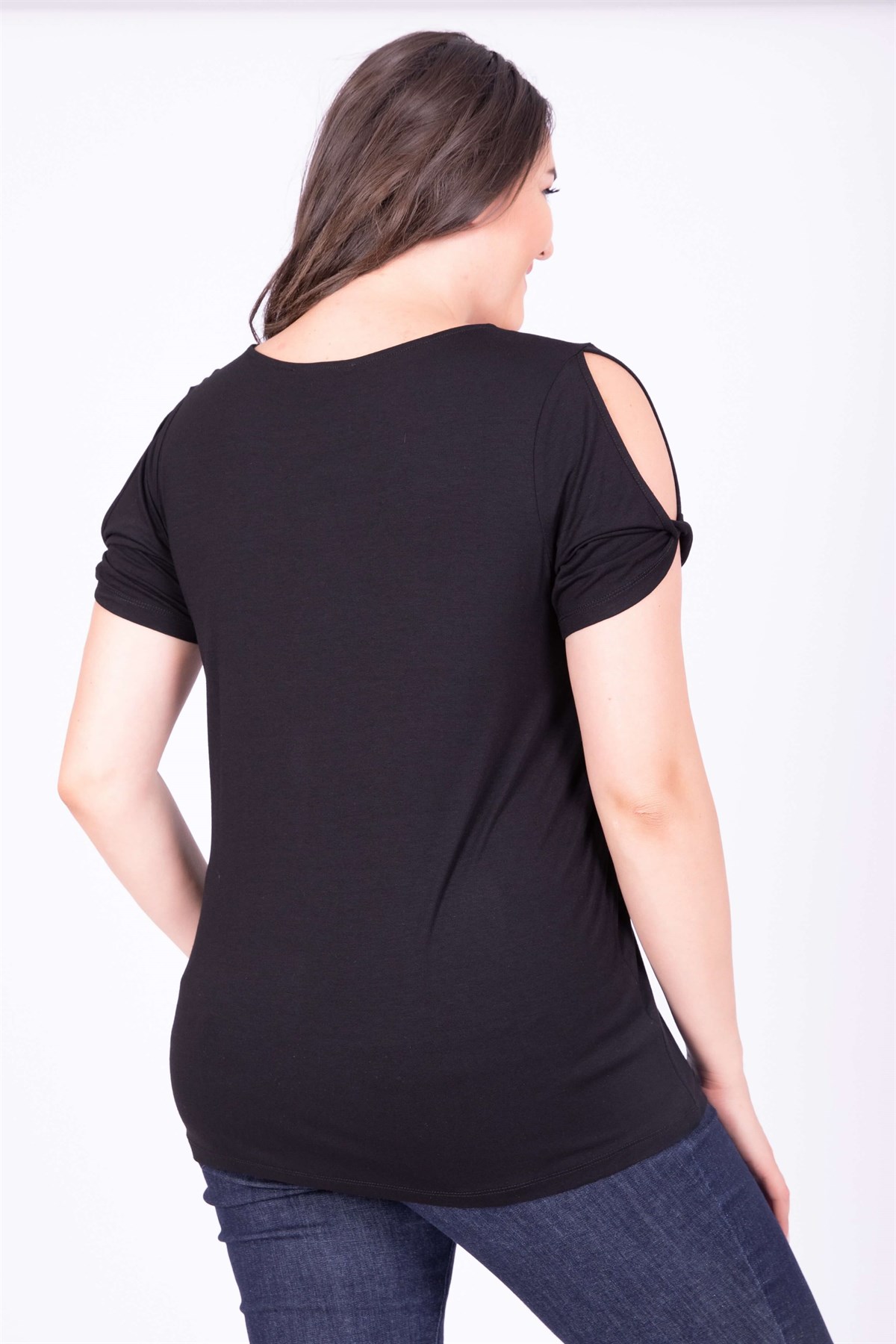 Myline-V Yaka Omuz Detaylı T-Shirt-Büyük Beden Tişört-34631