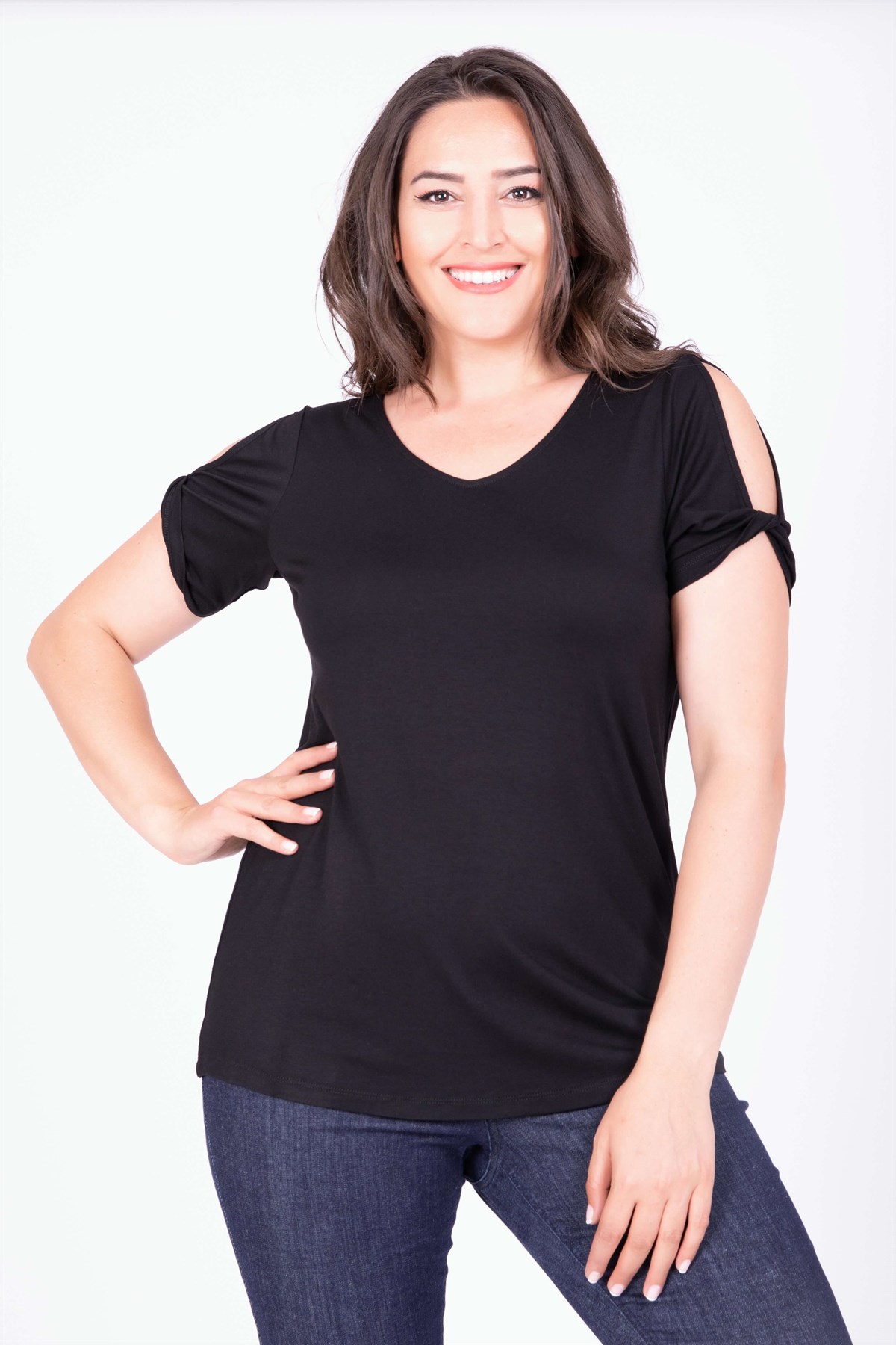 Myline-V Yaka Omuz Detaylı T-Shirt-Büyük Beden Tişört-34631