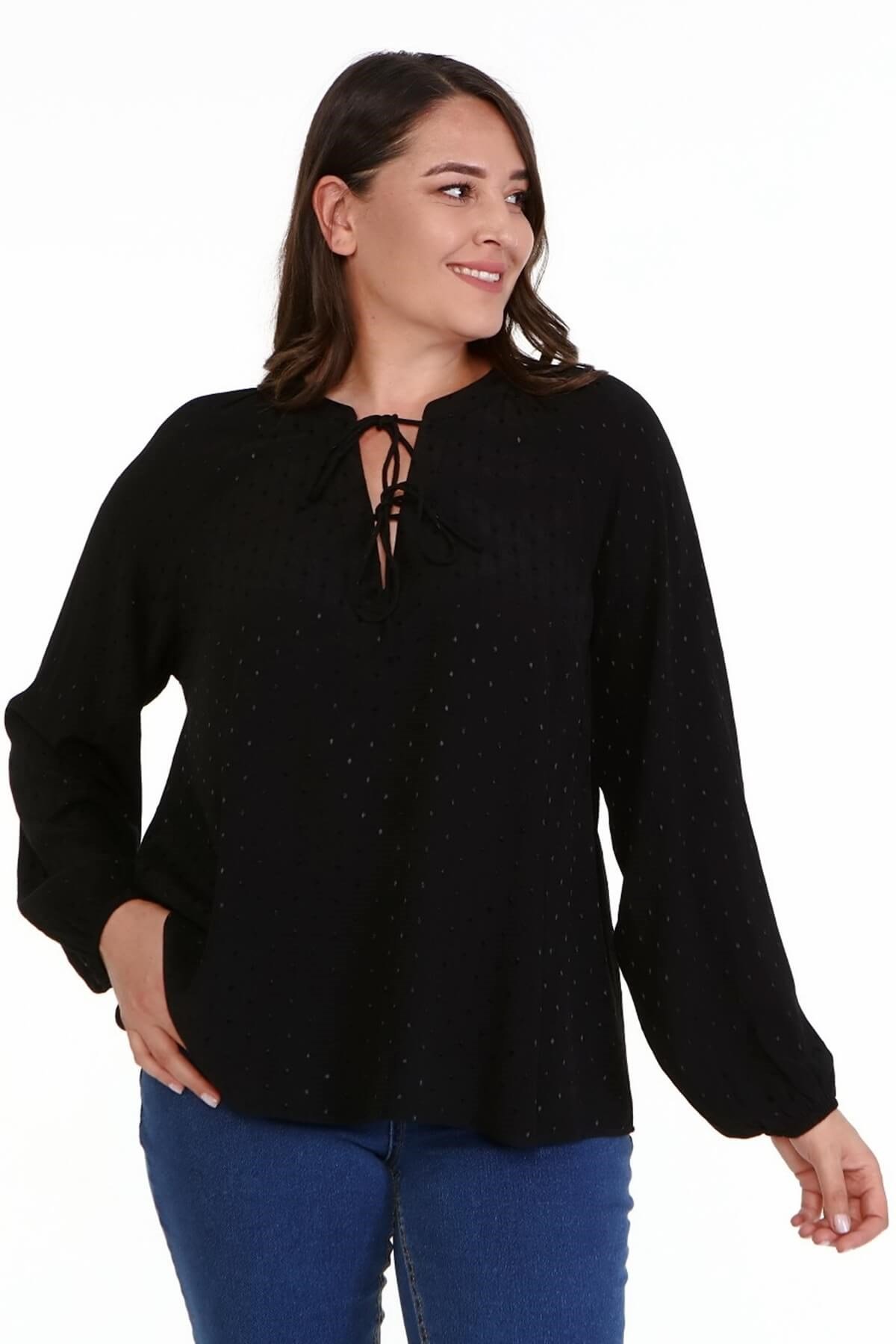 Myline-V Yaka Önü Bağcıklı Bluz-Büyük Beden Bluz-66906