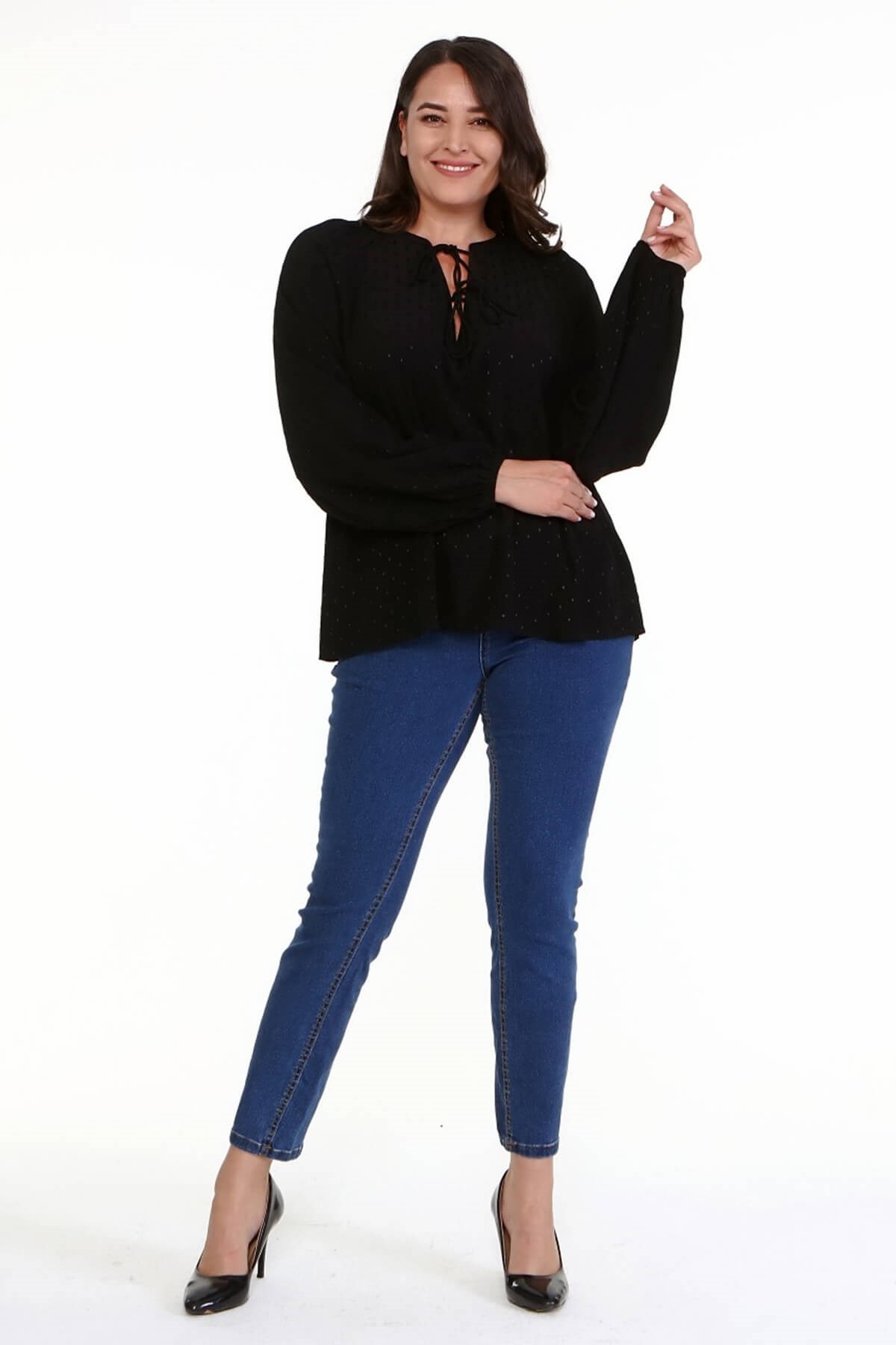 Myline-V Yaka Önü Bağcıklı Bluz-Büyük Beden Bluz-66906