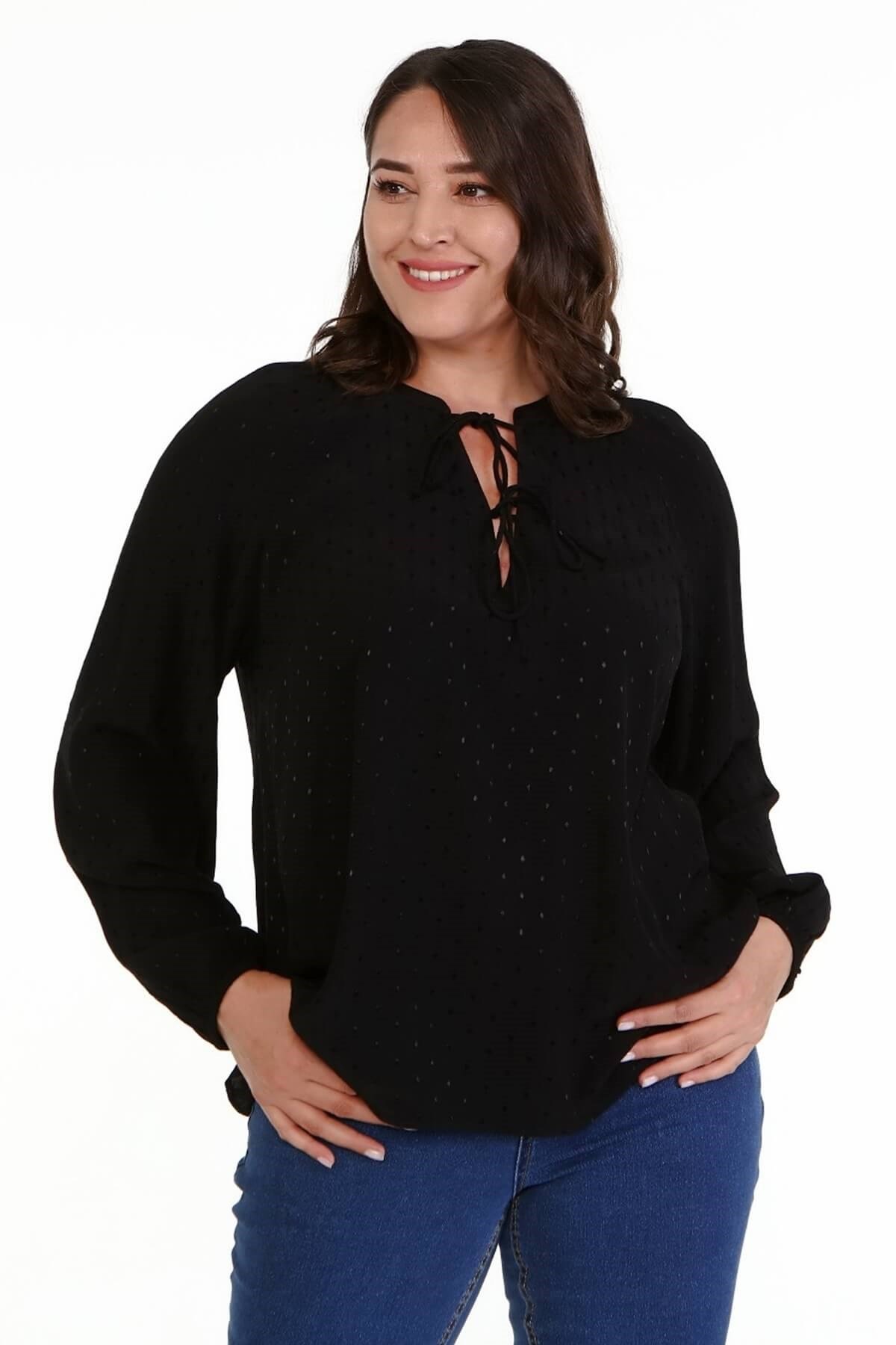 Myline-V Yaka Önü Bağcıklı Bluz-Büyük Beden Bluz-66906