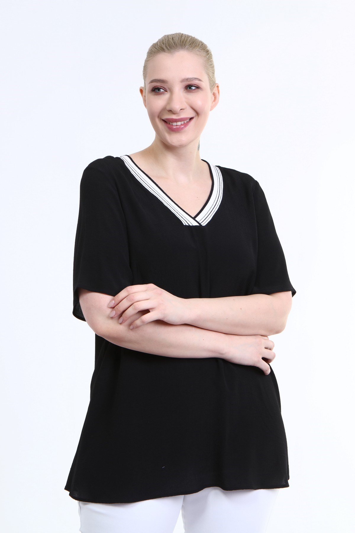 Myline-V Yaka Ribanalı Bluz-Büyük Beden Bluz-66619