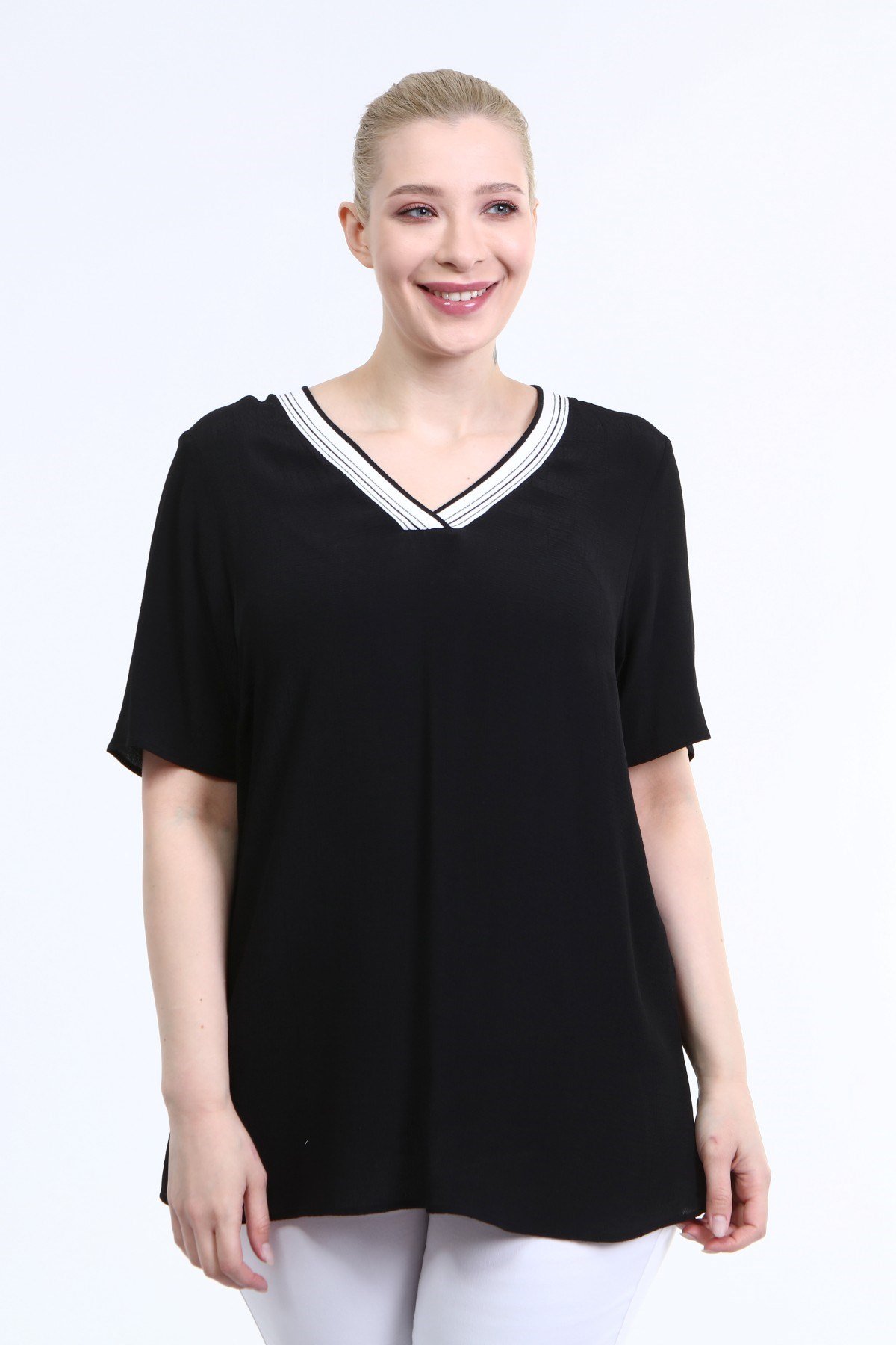 Myline-V Yaka Ribanalı Bluz-Büyük Beden Bluz-66619