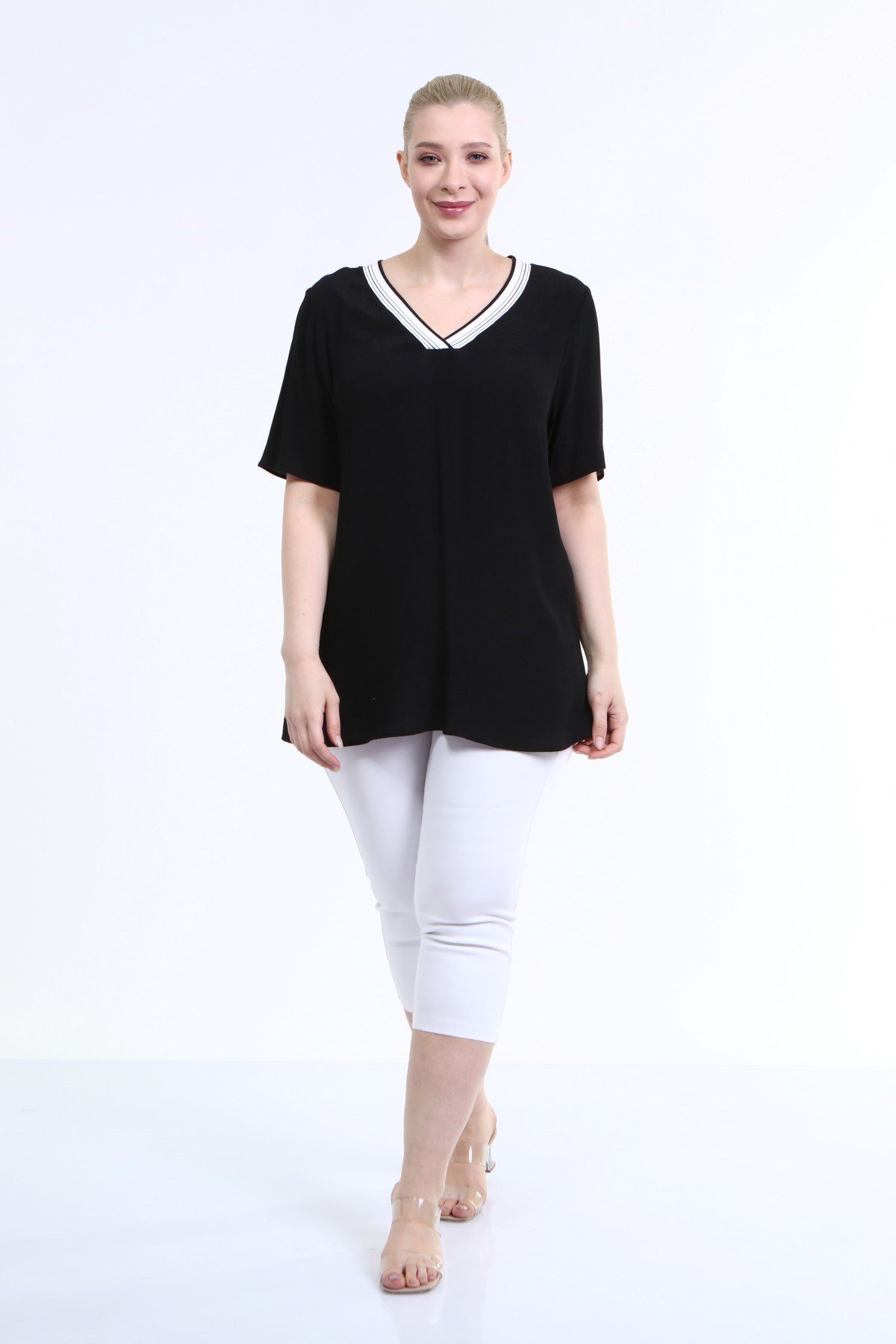 Myline-V Yaka Ribanalı Bluz-Büyük Beden Bluz-66619