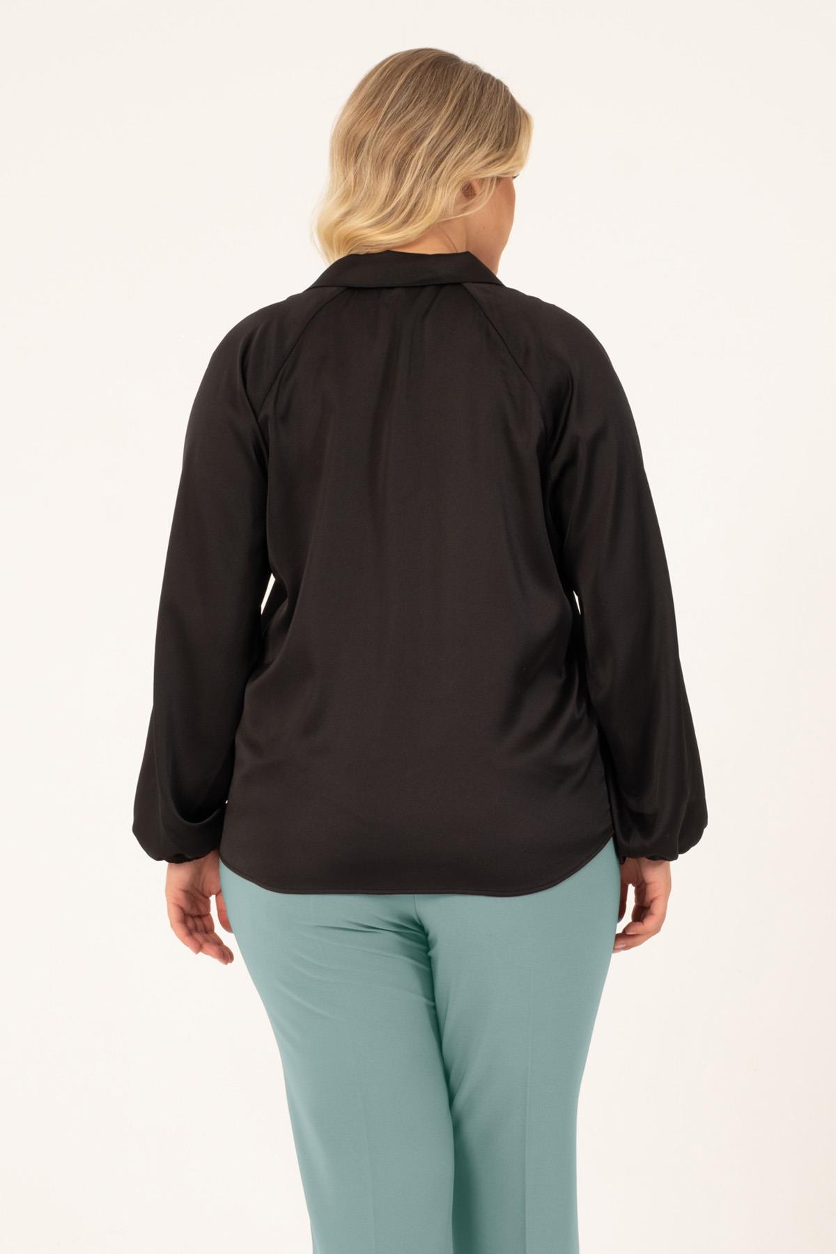 Myline-V Yaka Saten Bluz-Büyük Beden Bluz-128773