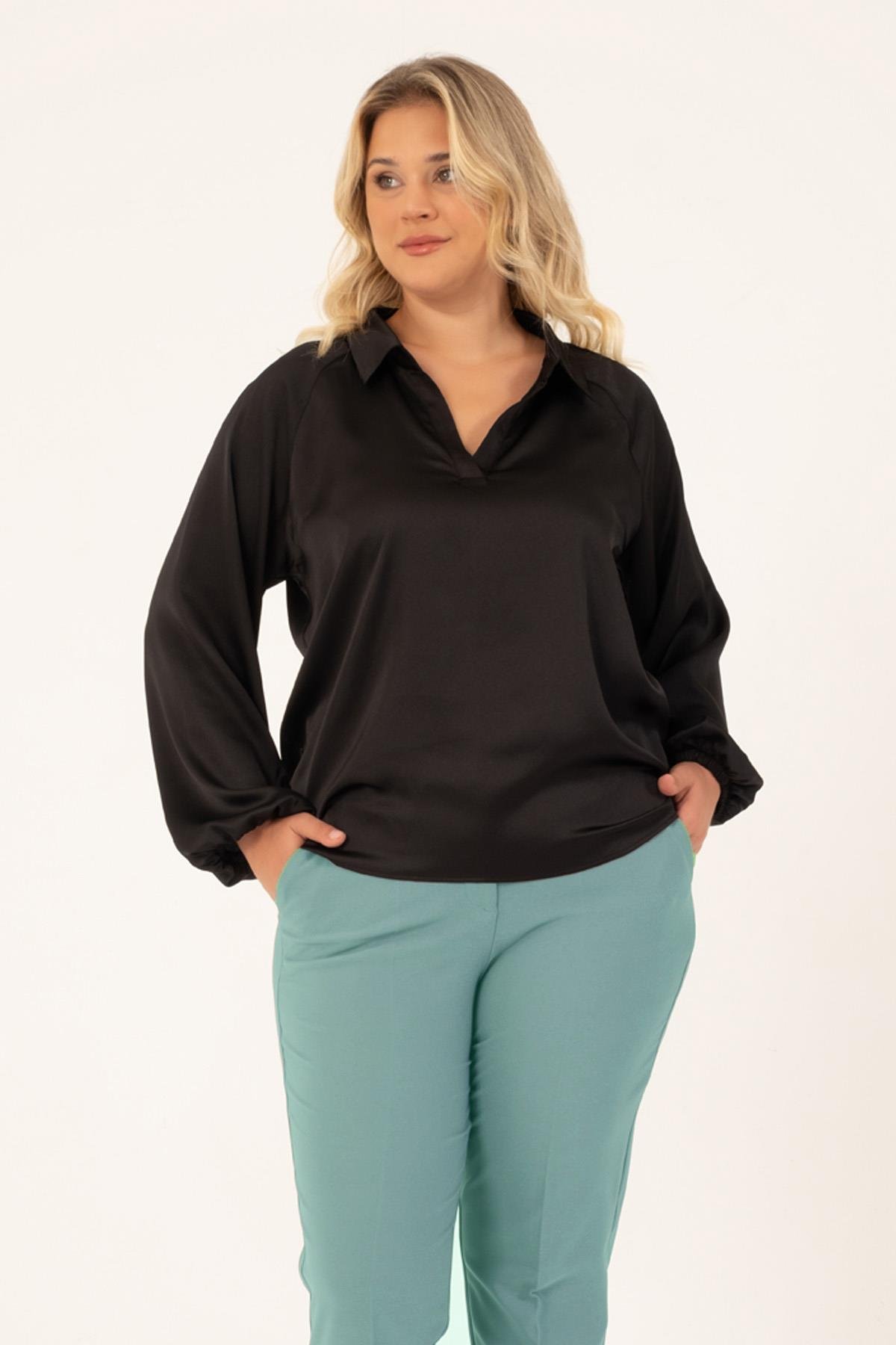 Myline-V Yaka Saten Bluz-Büyük Beden Bluz-128773