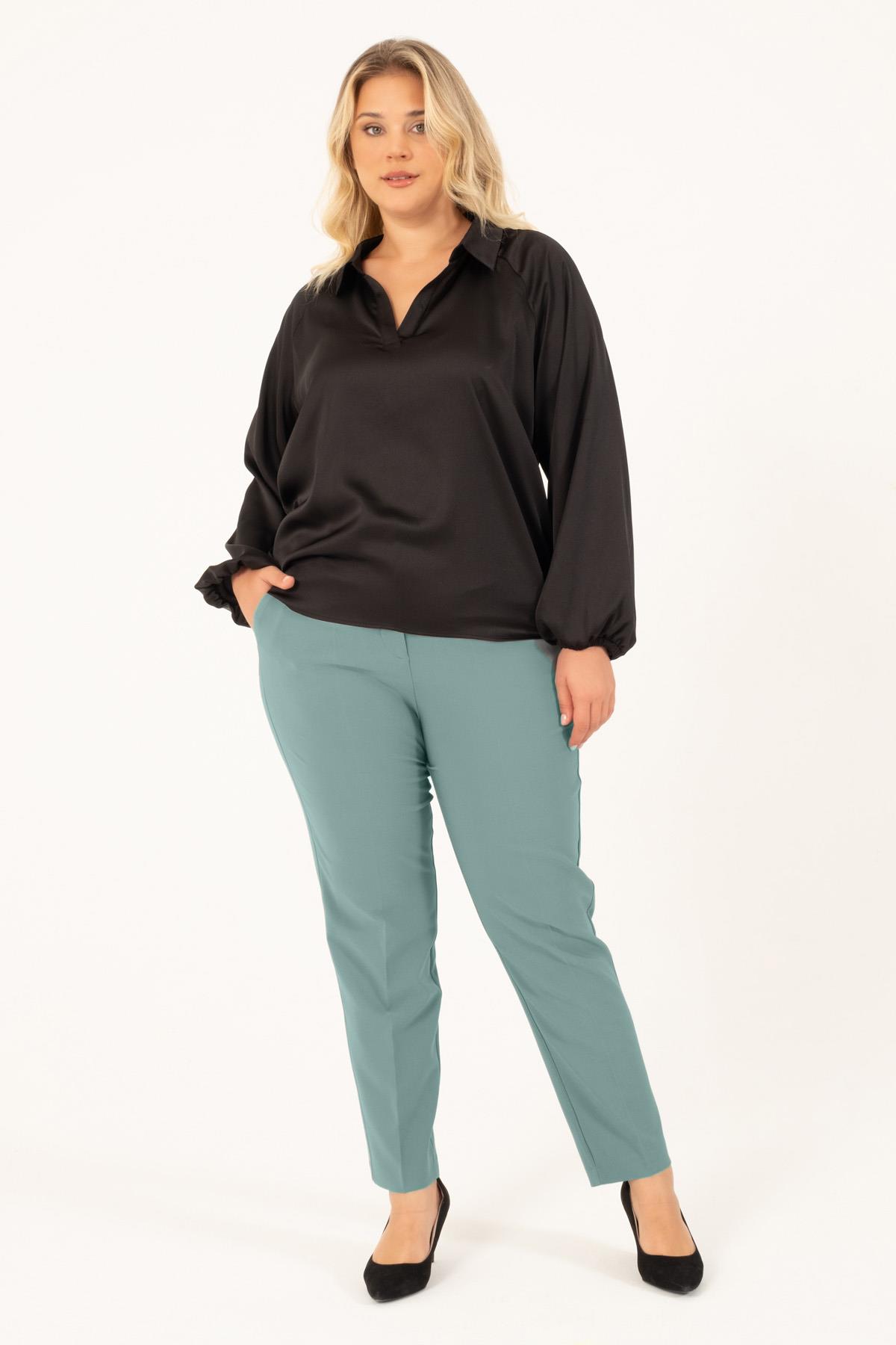 Myline-V Yaka Saten Bluz-Büyük Beden Bluz-128773