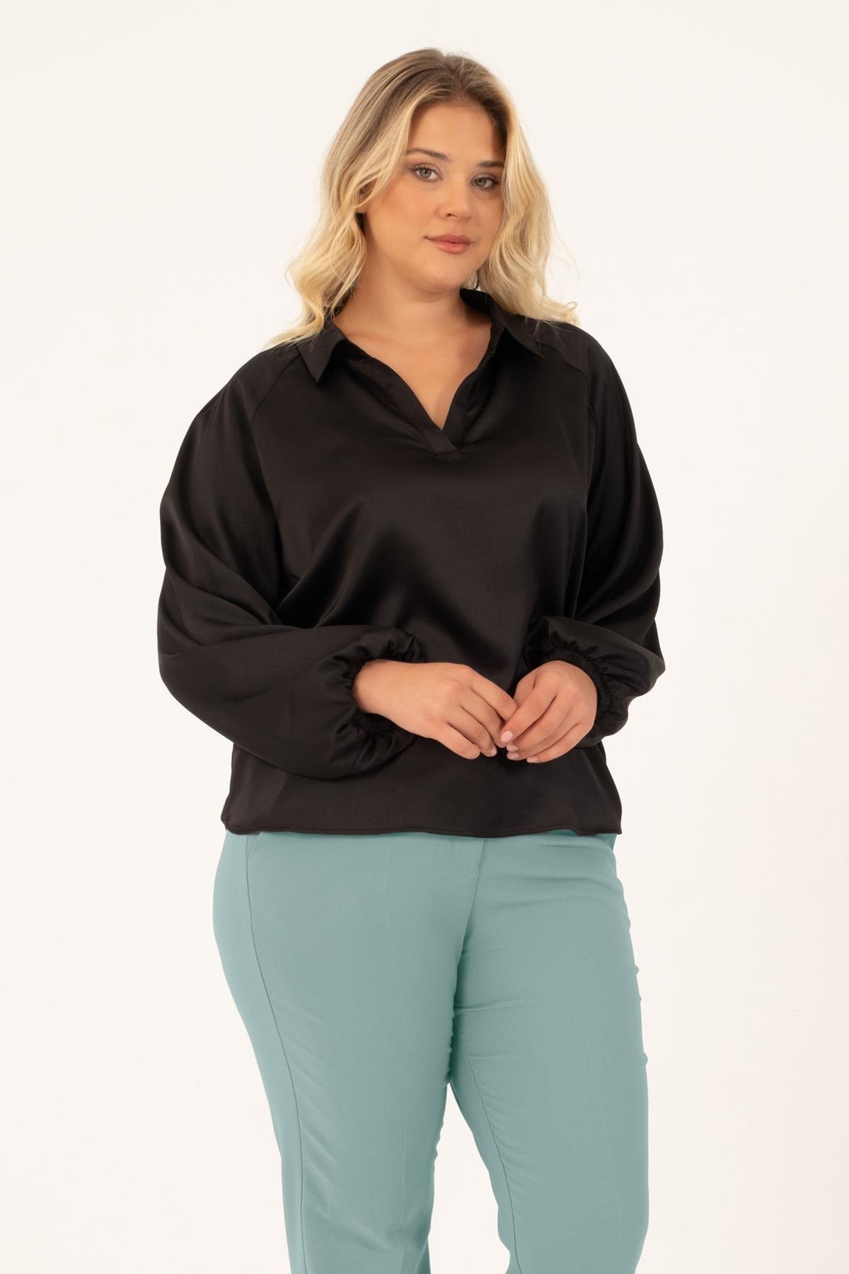 Myline-V Yaka Saten Bluz-Büyük Beden Bluz-128773