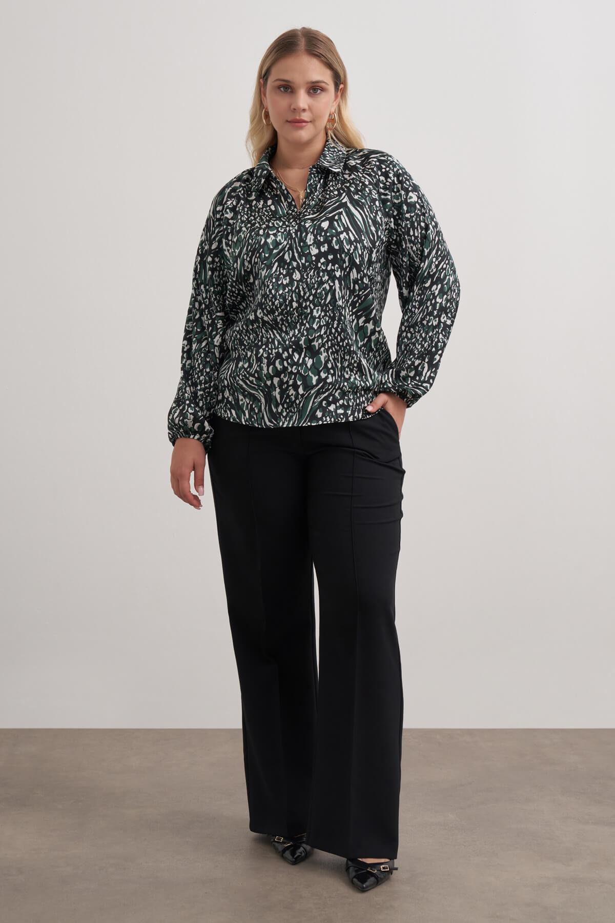 Myline-V Yaka Saten Bluz-Büyük Beden Bluz-149548