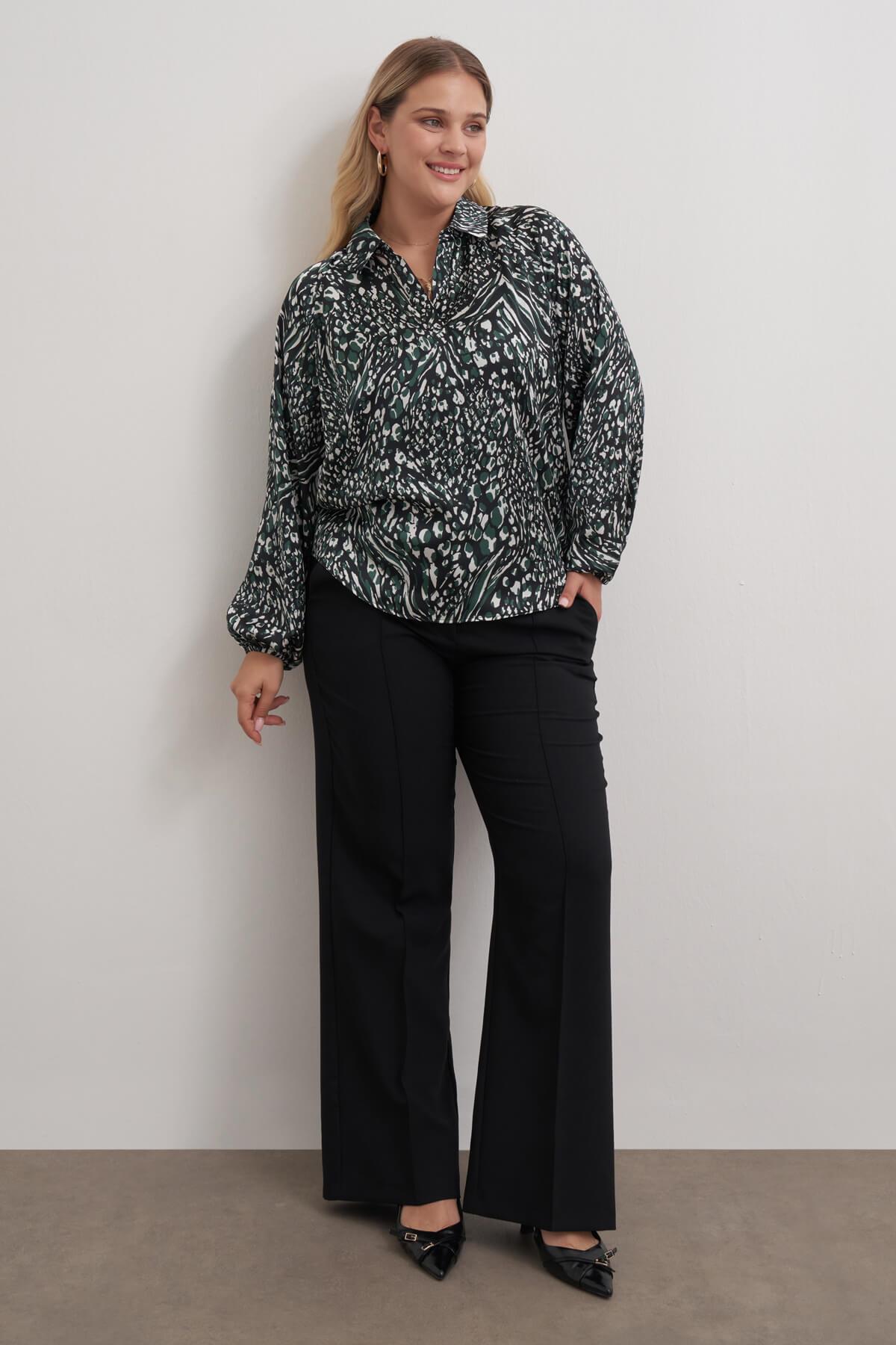 Myline-V Yaka Saten Bluz-Büyük Beden Bluz-149548