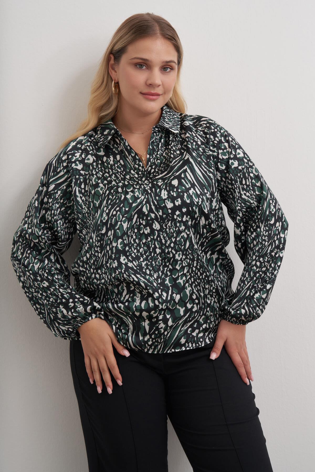 Myline-V Yaka Saten Bluz-Büyük Beden Bluz-149548