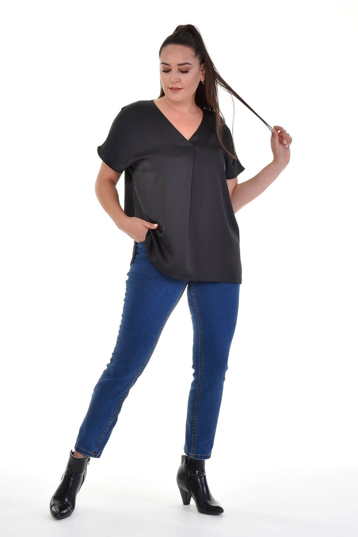 Myline- V Yaka Saten Bluz-Büyük Beden Bluz-67026