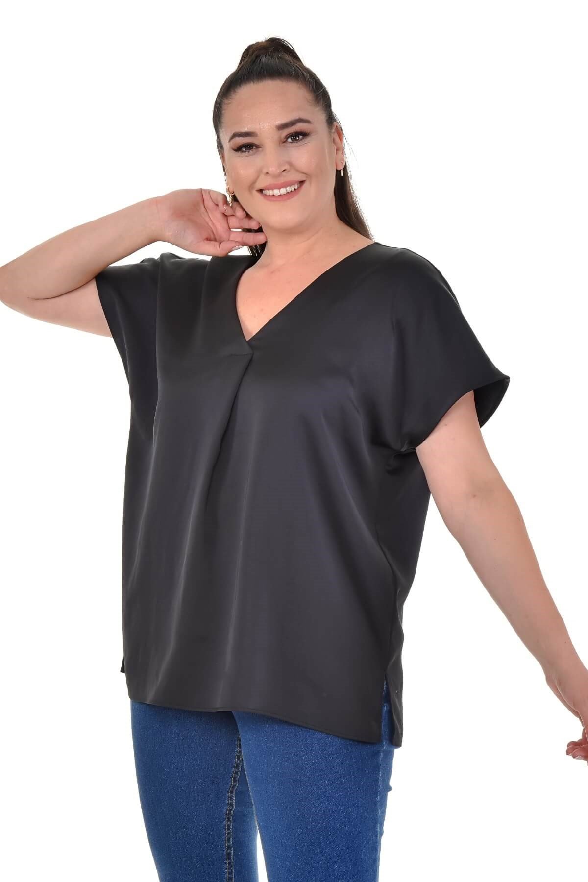 Myline- V Yaka Saten Bluz-Büyük Beden Bluz-67026