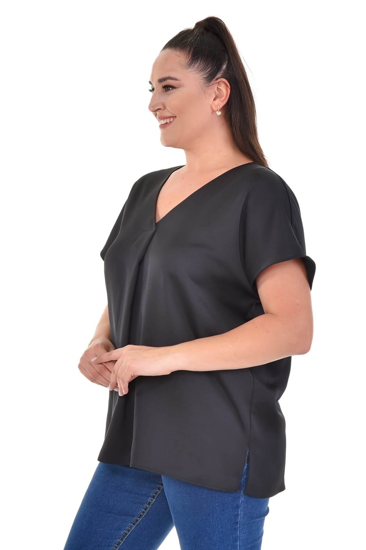 Myline- V Yaka Saten Bluz-Büyük Beden Bluz-67026