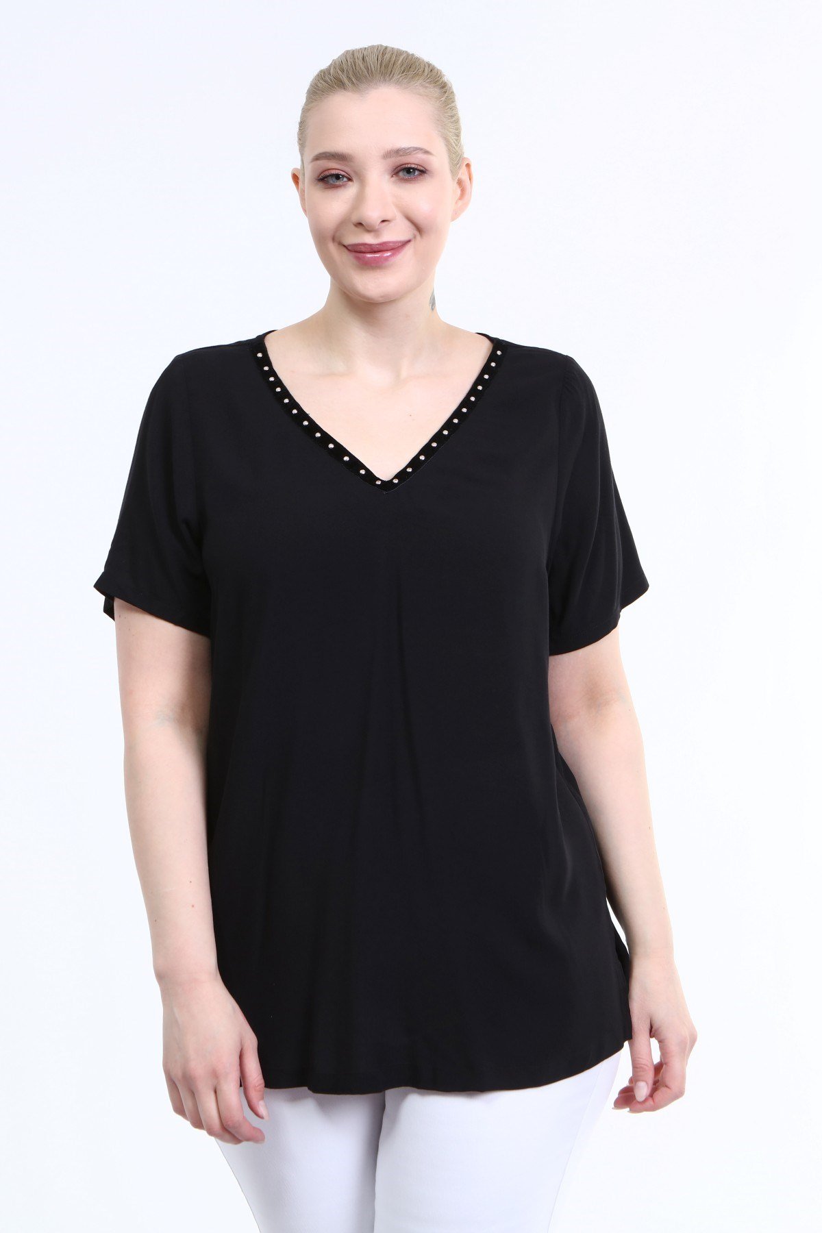 Myline-V Yaka Şerit Detay Bluz-Büyük Beden Bluz-66651