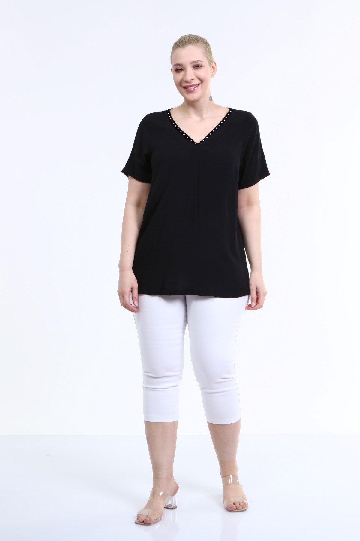 Myline-V Yaka Şerit Detay Bluz-Büyük Beden Bluz-66651