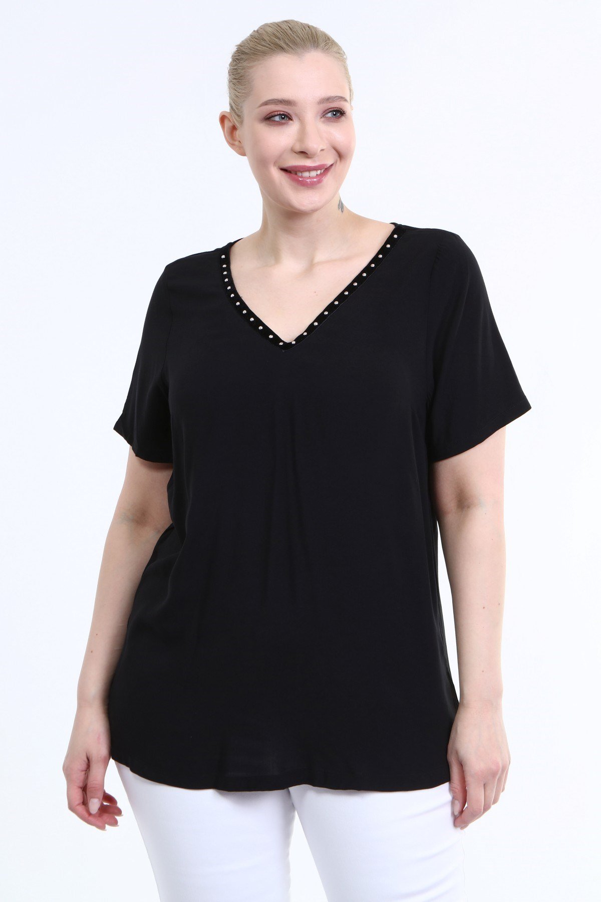 Myline-V Yaka Şerit Detay Bluz-Büyük Beden Bluz-66651