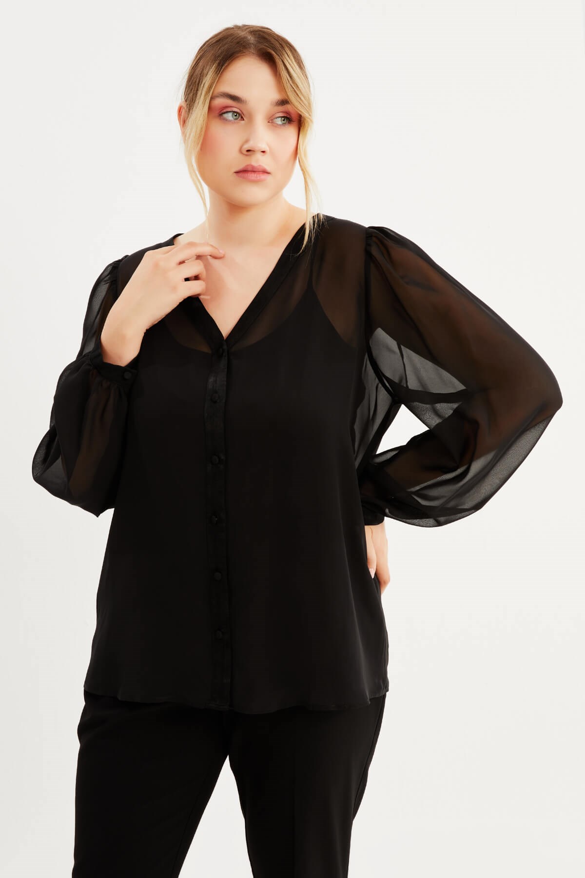 Myline-V Yaka Şifon Bluz-Büyük Beden Bluz-88025