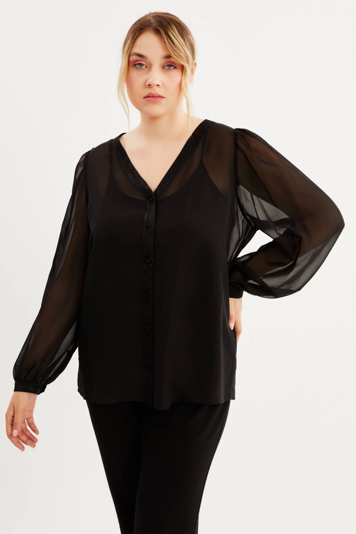 Myline-V Yaka Şifon Bluz-Büyük Beden Bluz-88025