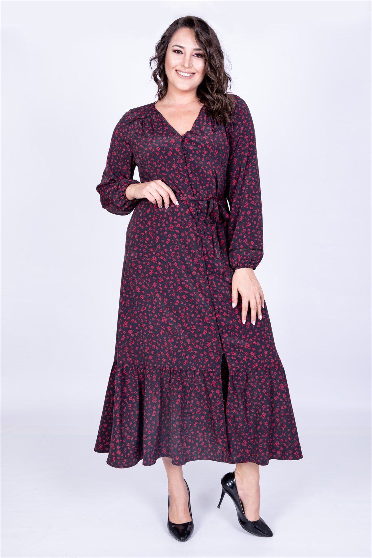 Myline-V Yaka Uzun Elbise-Büyük Beden Günlük Elbiseler-35053