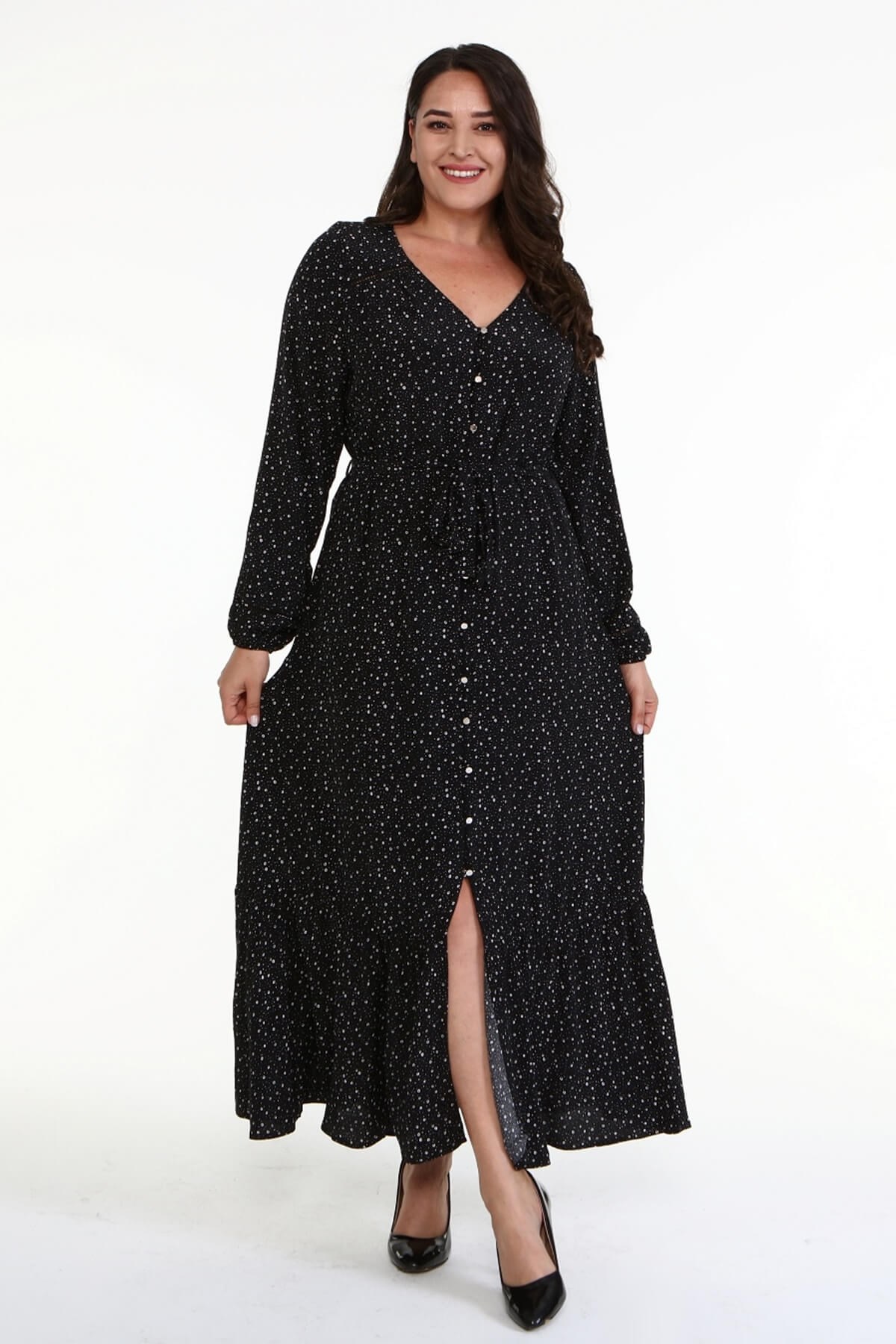 Myline-V Yaka Uzun Elbise-Büyük Beden Günlük Elbiseler-66847