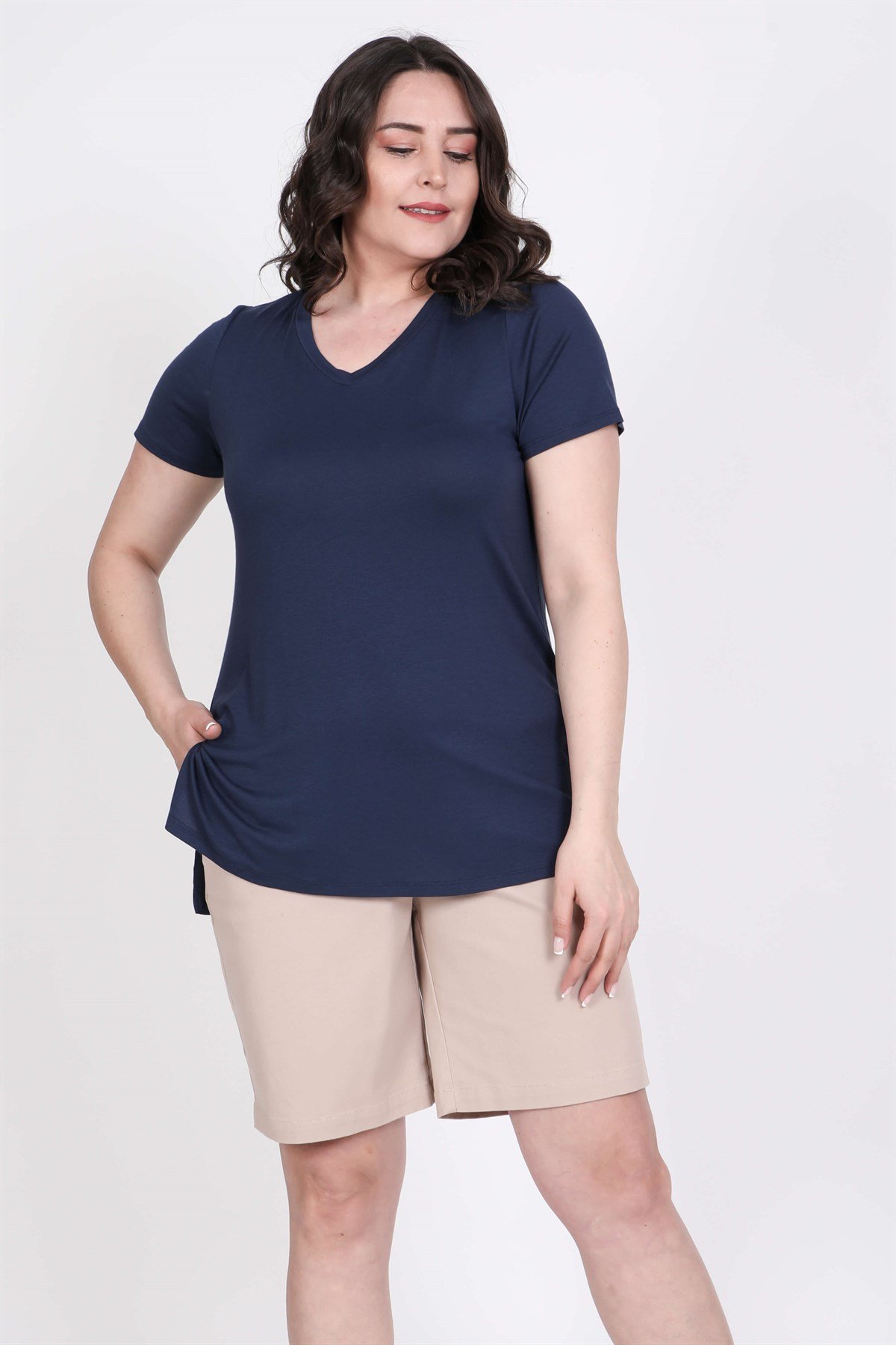 Myline-V Yakalı Tişört-Büyük Beden Tişört-45548