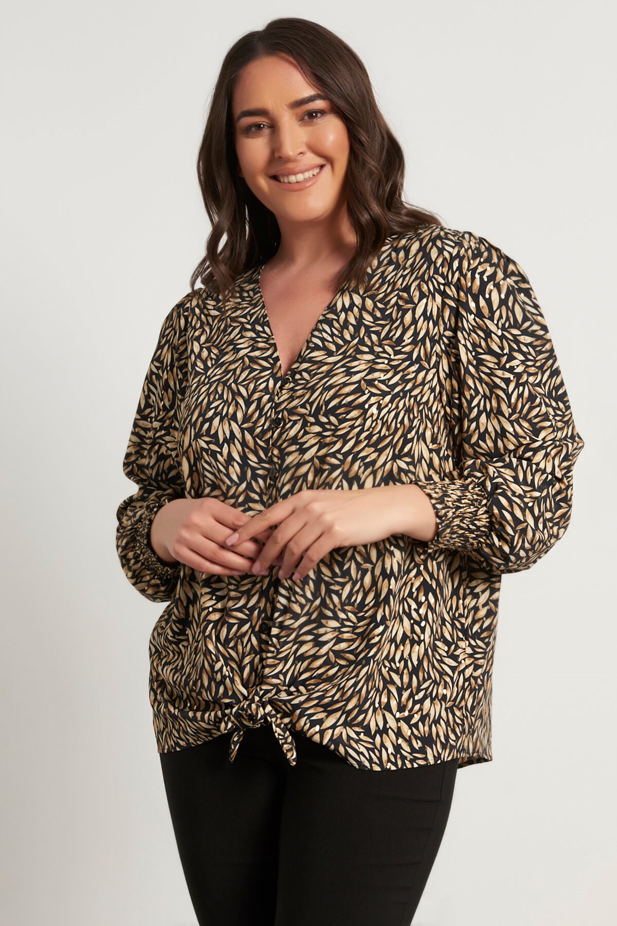 Myline-Varak Baskı Bağlama Detaylı Bluz-Büyük Beden Bluz-56059