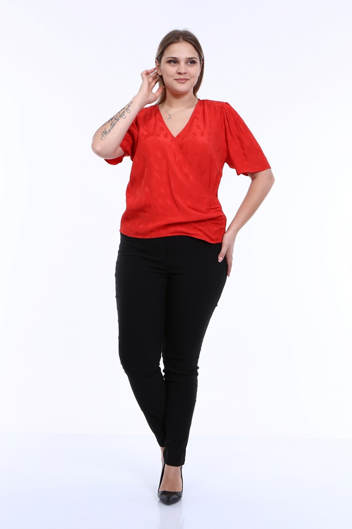 Myline-Vatkalı Pile Detay Anvelop Bluz-Büyük Beden Bluz-66454