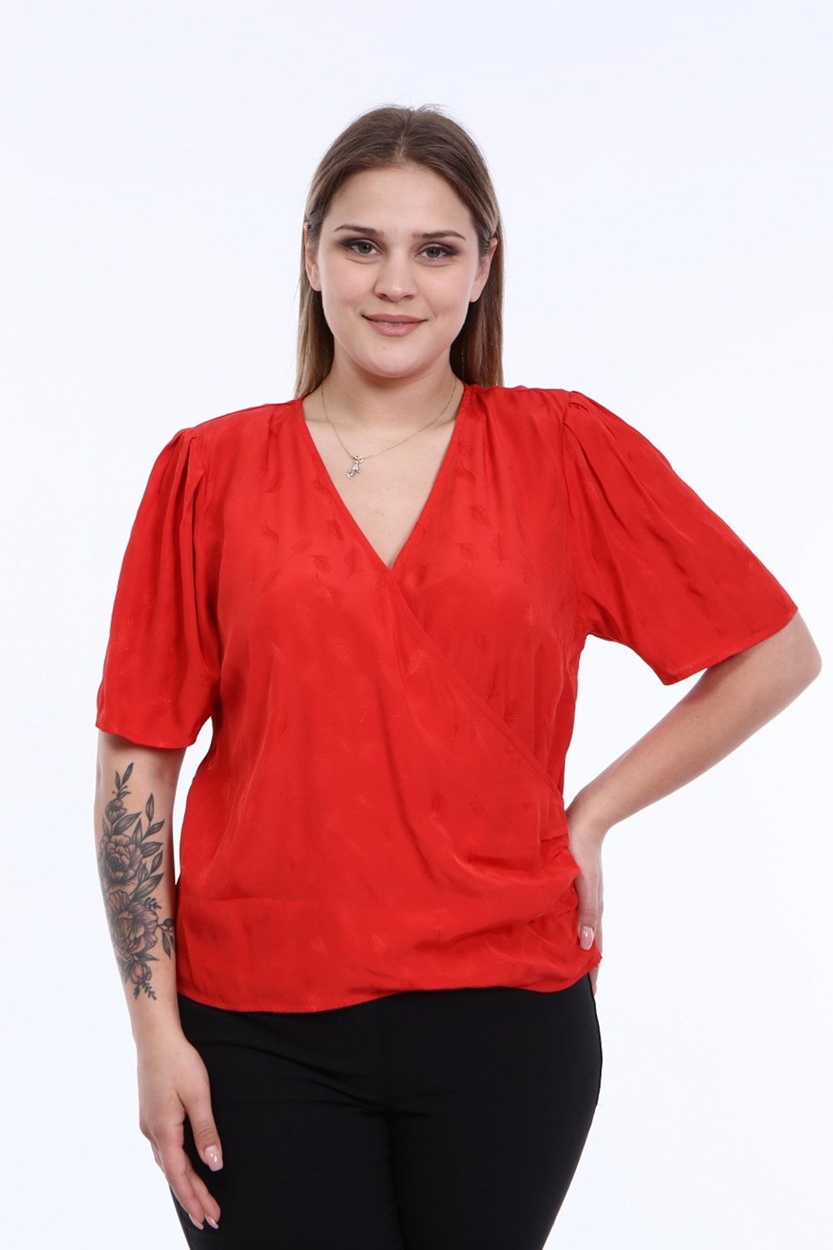 Myline-Vatkalı Pile Detay Anvelop Bluz-Büyük Beden Bluz-66454