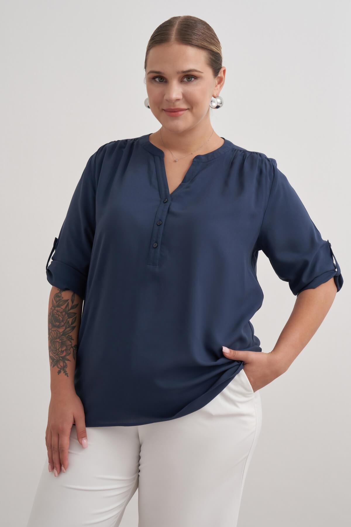 Myline-Viskon Kıvrık Kollu Bluz-Büyük Beden Bluz-149554