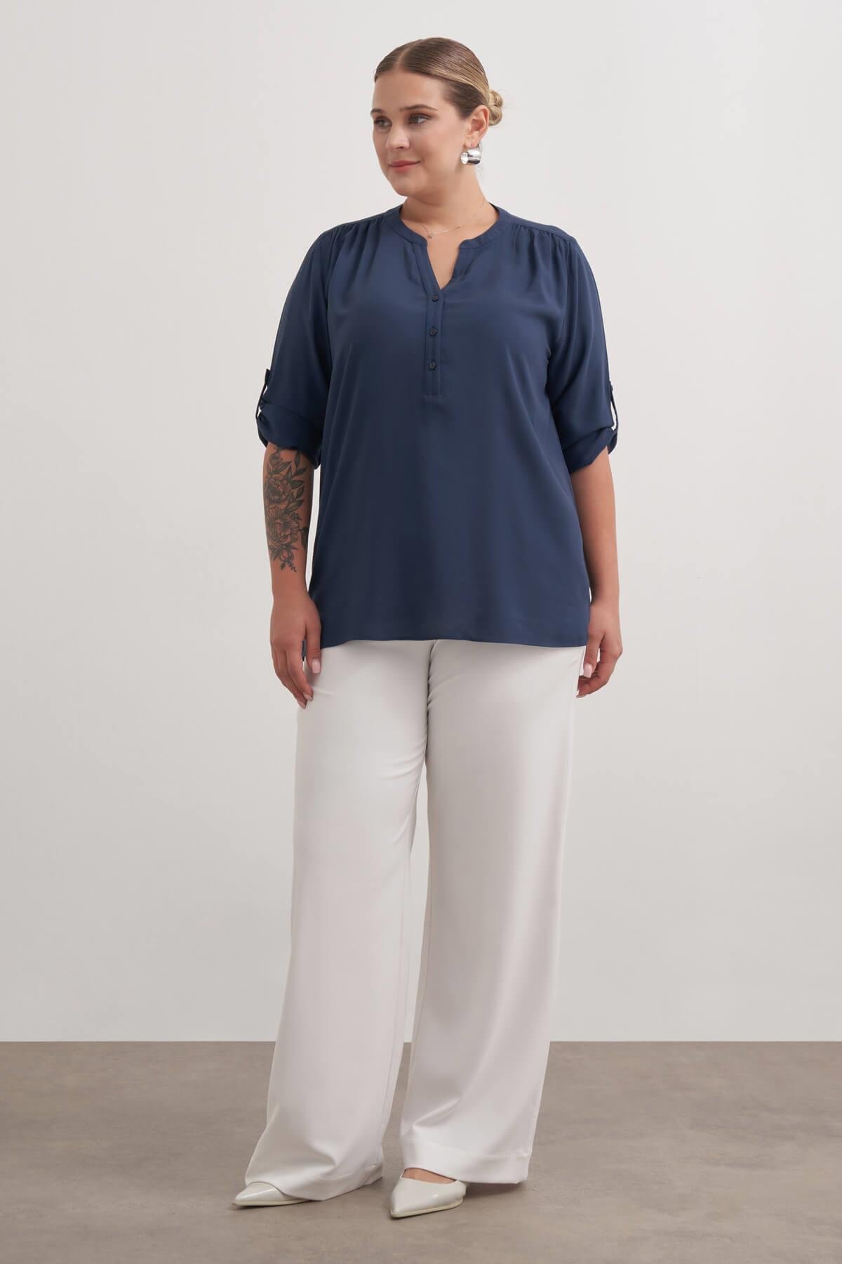 Myline-Viskon Kıvrık Kollu Bluz-Büyük Beden Bluz-149554