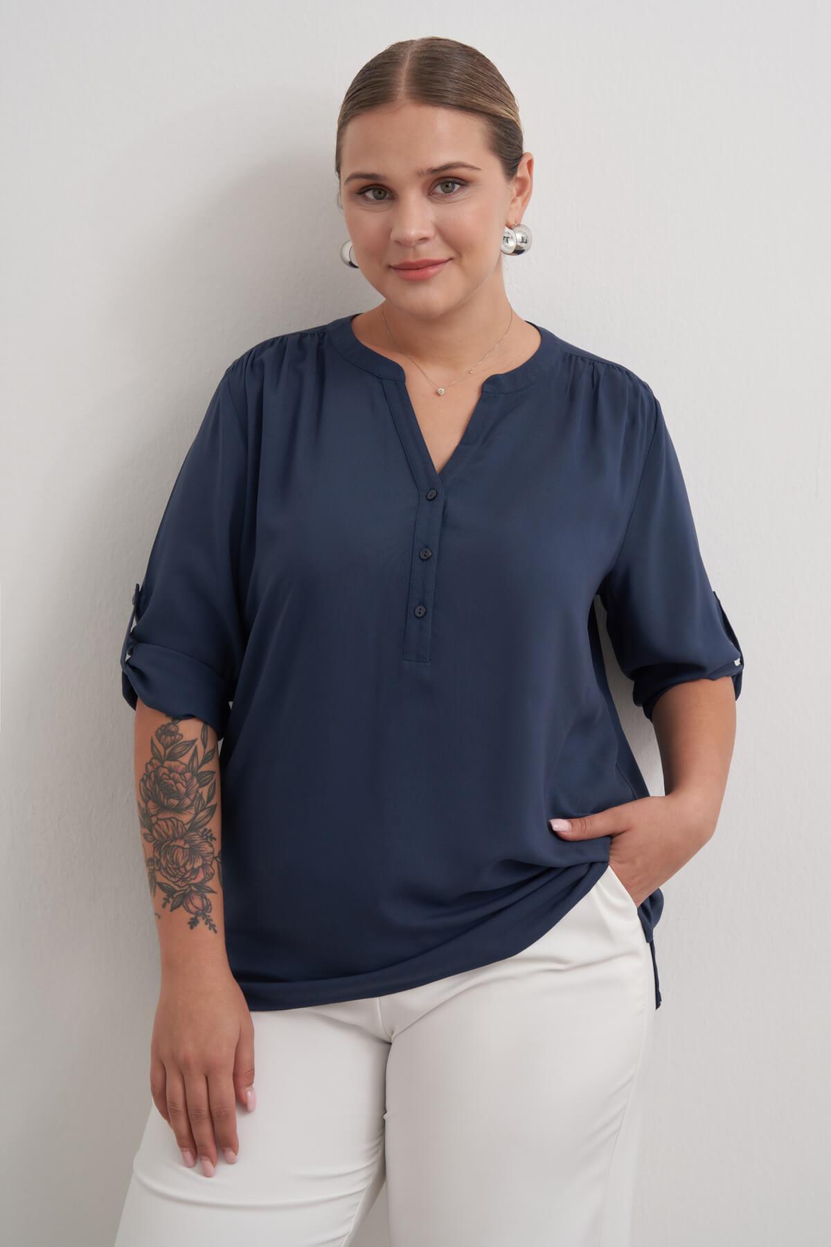 Myline-Viskon Kıvrık Kollu Bluz-Büyük Beden Bluz-149554