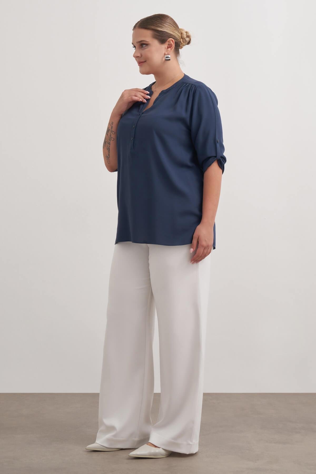 Myline-Viskon Kıvrık Kollu Bluz-Büyük Beden Bluz-149554