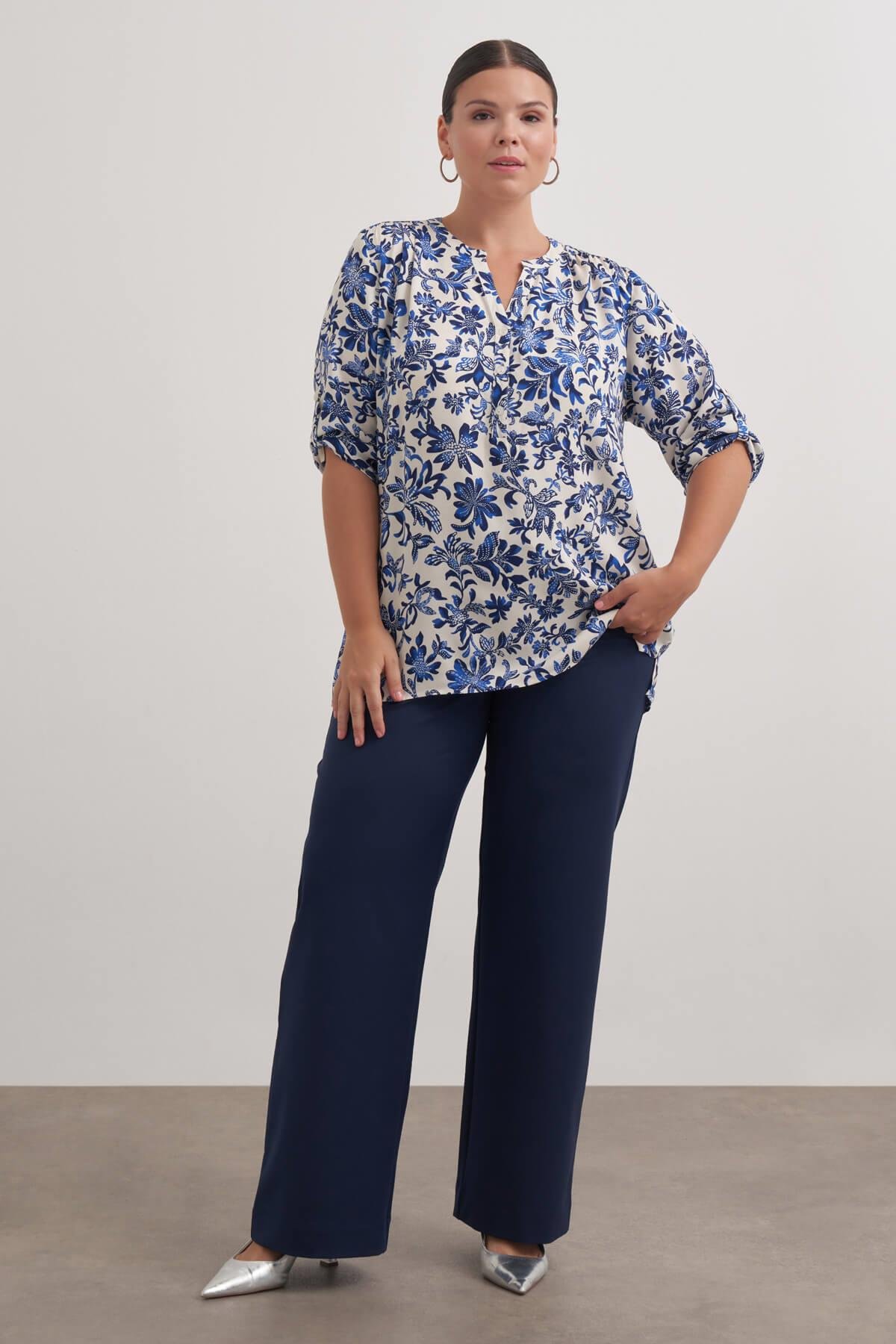 Myline-Viskon Kıvrık Kollu Bluz-Büyük Beden Bluz-149555