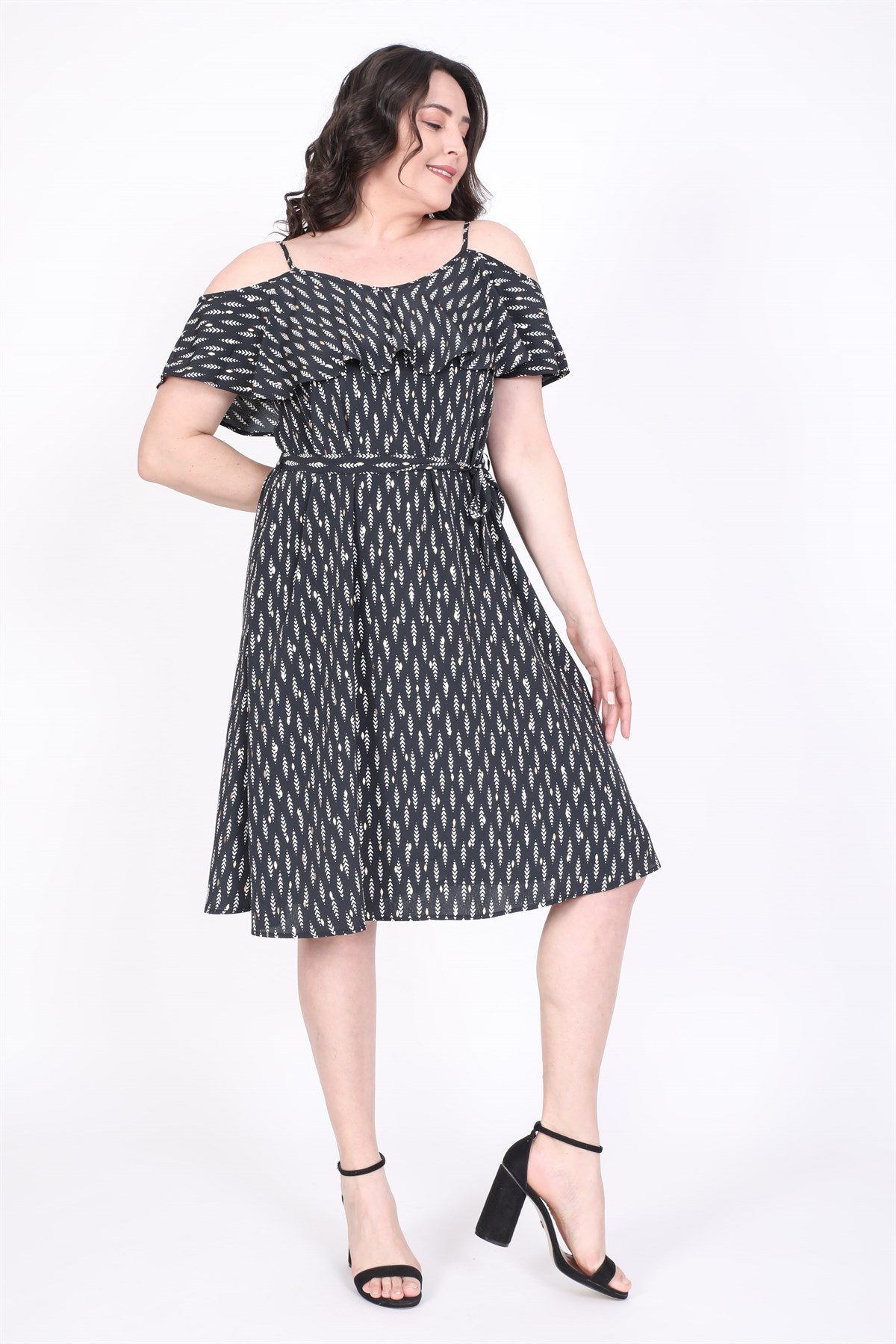 Myline-Volanlı Kemerli Elbise-Büyük Beden Günlük Elbiseler-45520