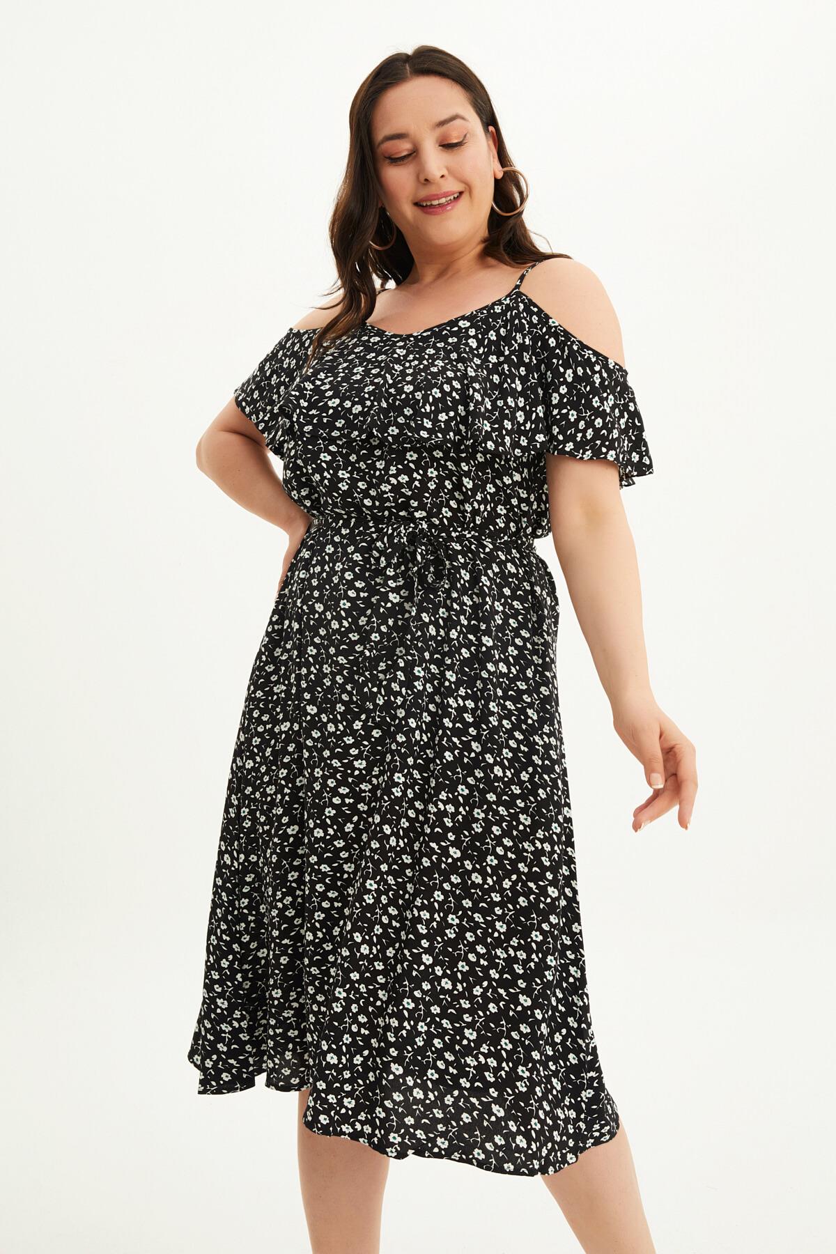 Myline-Volanlı Kemerli Elbise-Büyük Beden Günlük Elbiseler-45701