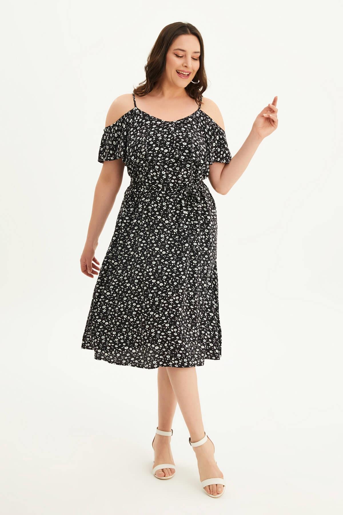 Myline-Volanlı Kemerli Elbise-Büyük Beden Günlük Elbiseler-45701