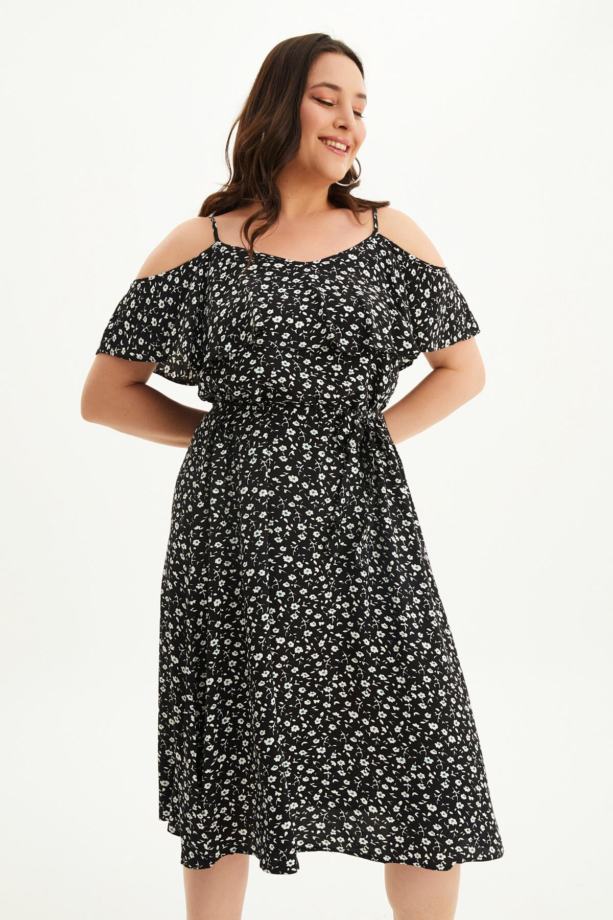 Myline-Volanlı Kemerli Elbise-Büyük Beden Günlük Elbiseler-45701