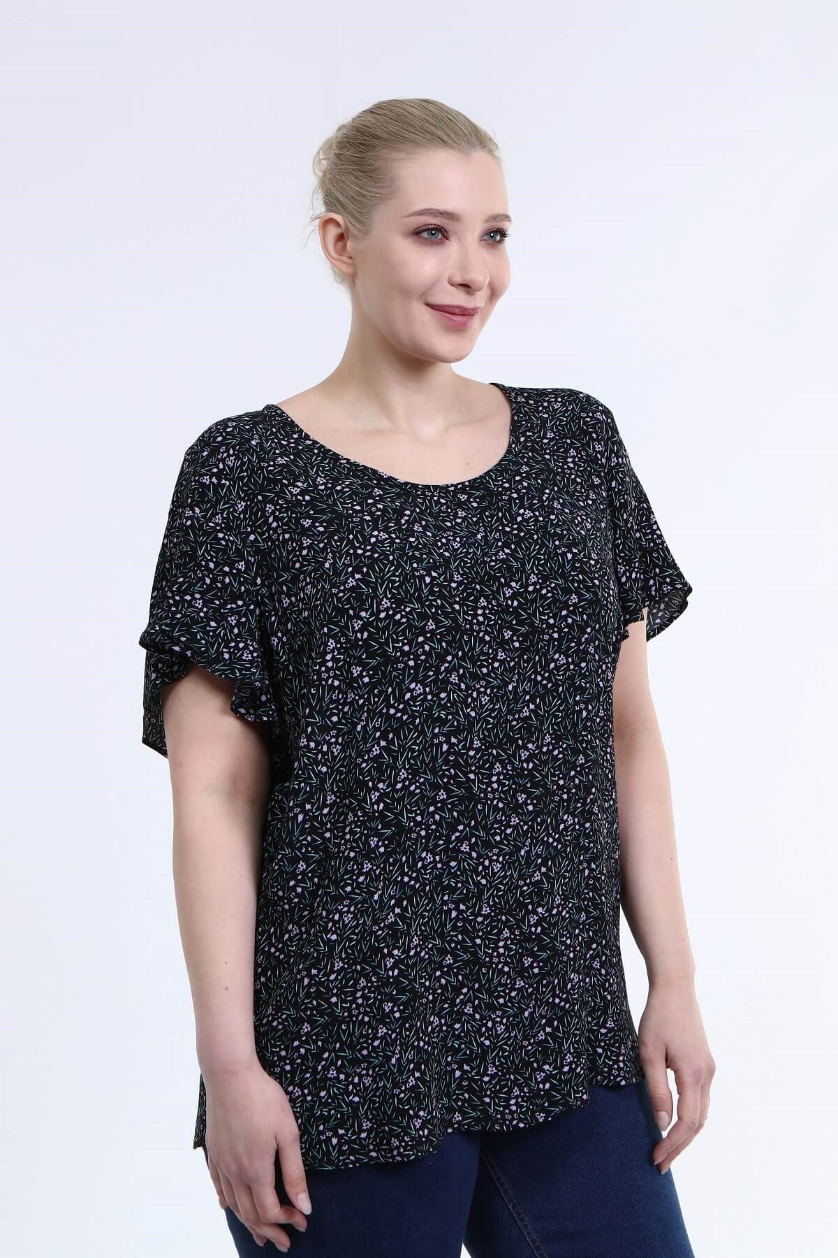 Myline-Volanlı Kısa Kol Bluz-Büyük Beden Bluz-66649