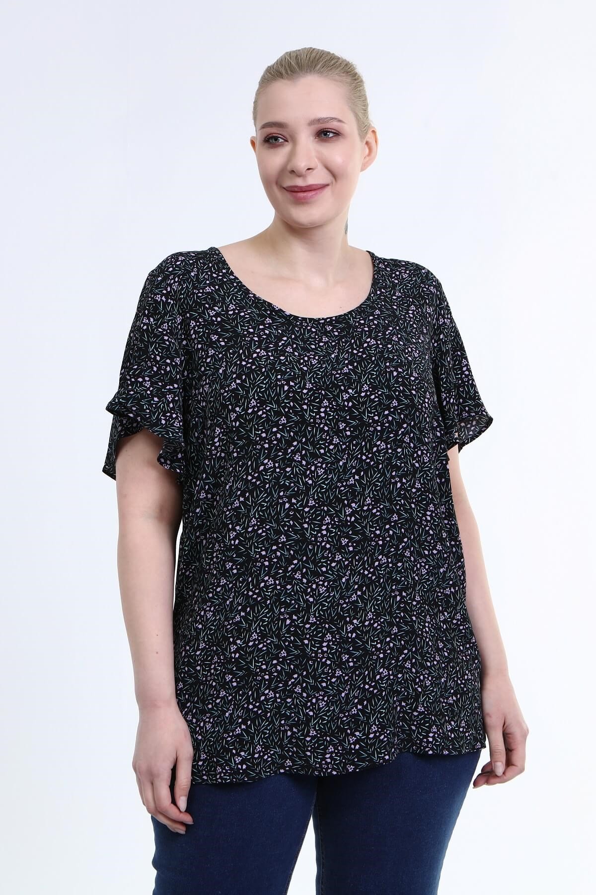 Myline-Volanlı Kısa Kol Bluz-Büyük Beden Bluz-66649