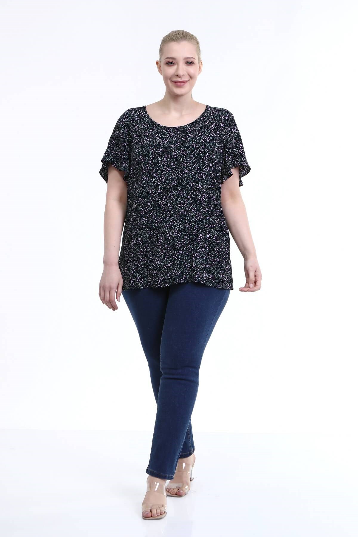 Myline-Volanlı Kısa Kol Bluz-Büyük Beden Bluz-66649