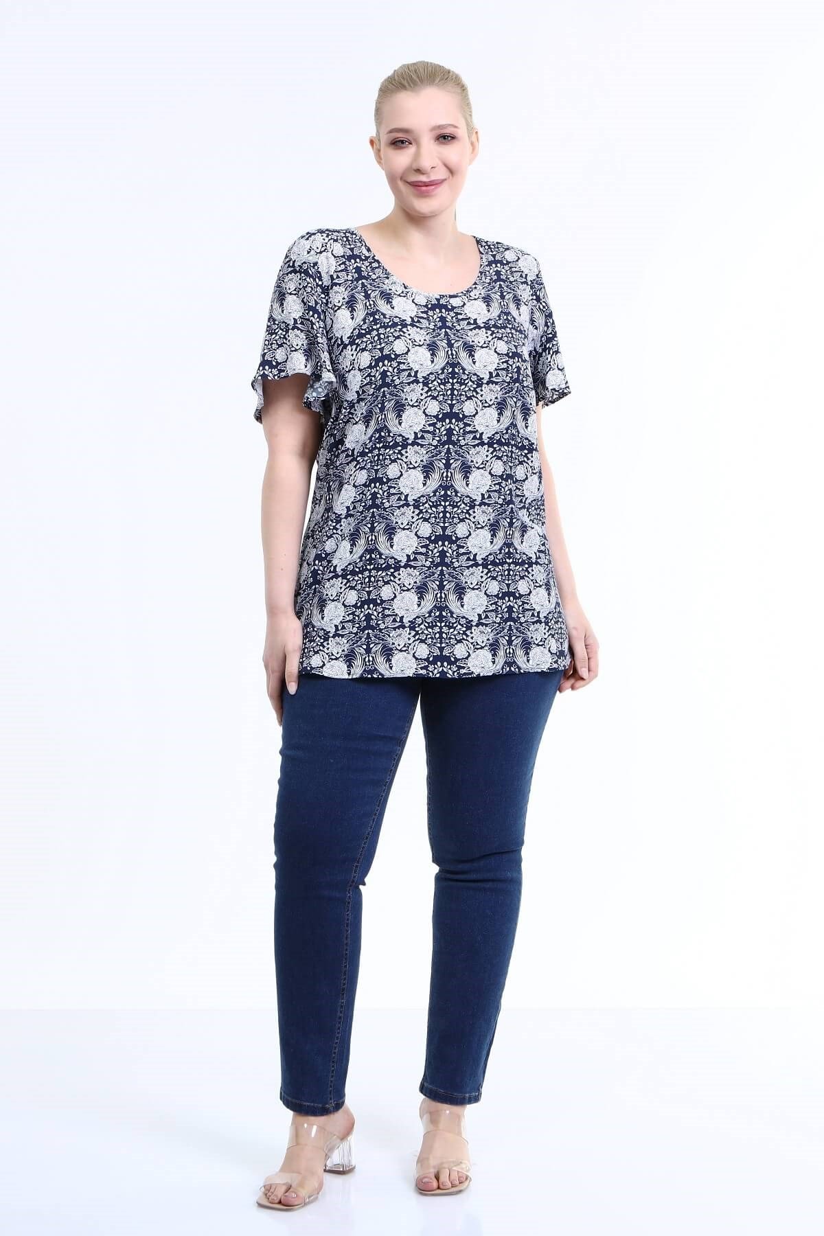 Myline-Volanlı Kısa Kol Bluz-Büyük Beden Bluz-66689