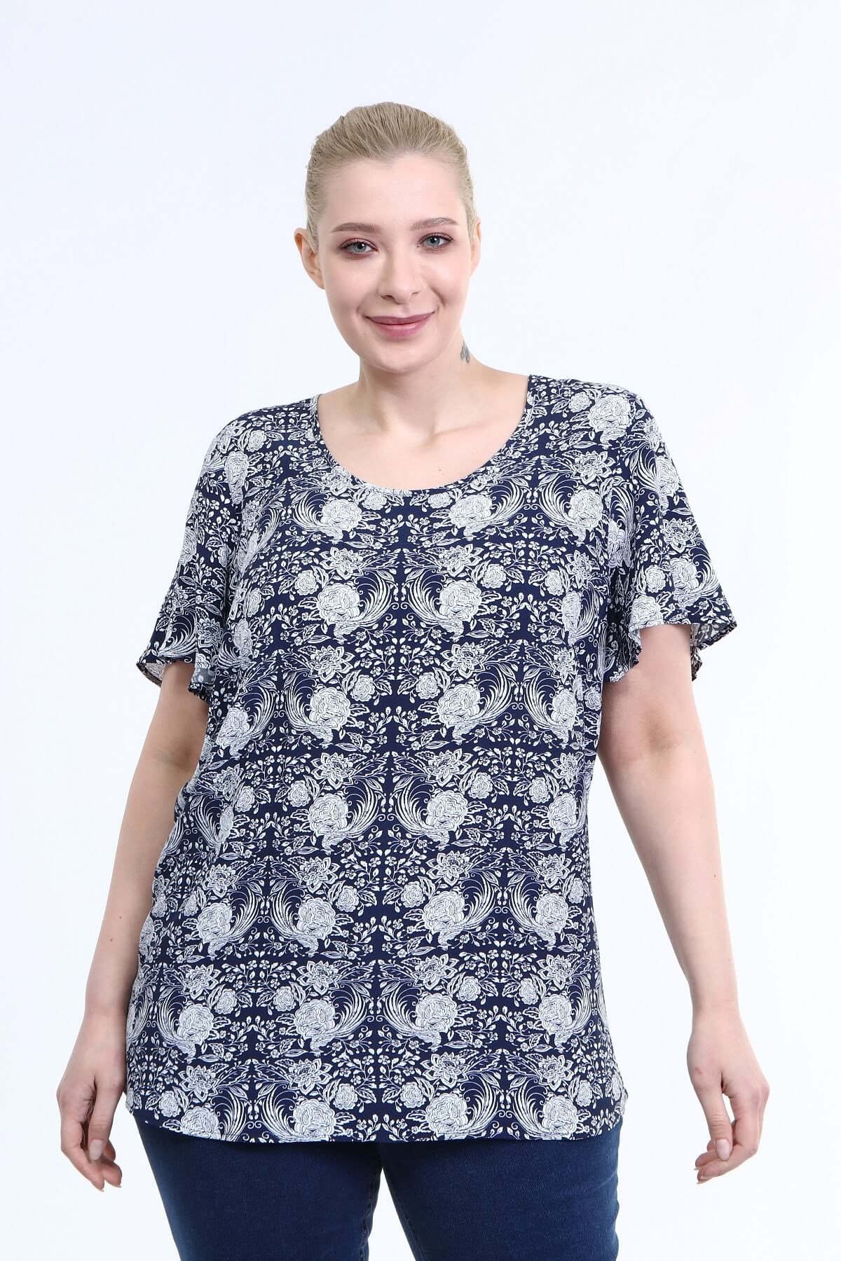 Myline-Volanlı Kısa Kol Bluz-Büyük Beden Bluz-66689