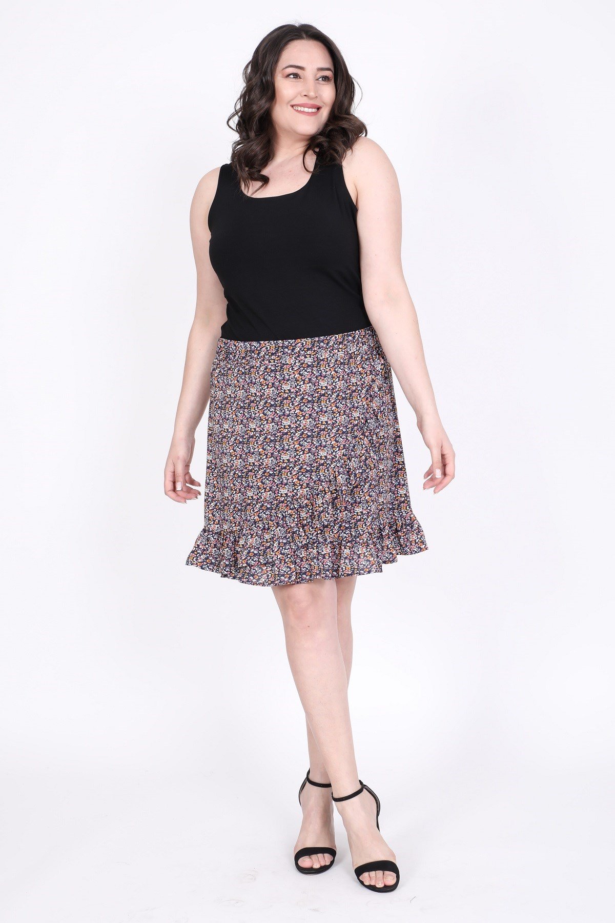 Myline-Volanlı Krepli Astarlı Mini Etek-Büyük Beden Etek-45416