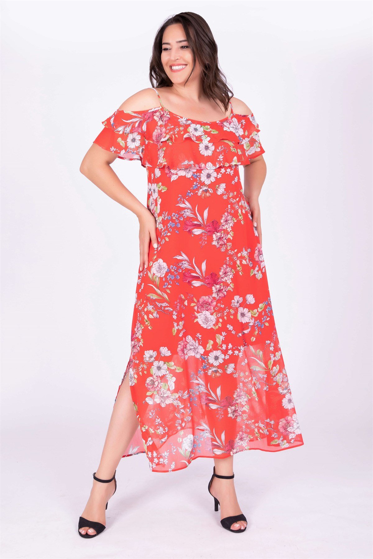 Myline-Volanlı Maxi Elbise-Büyük Beden Günlük Elbiseler-34809