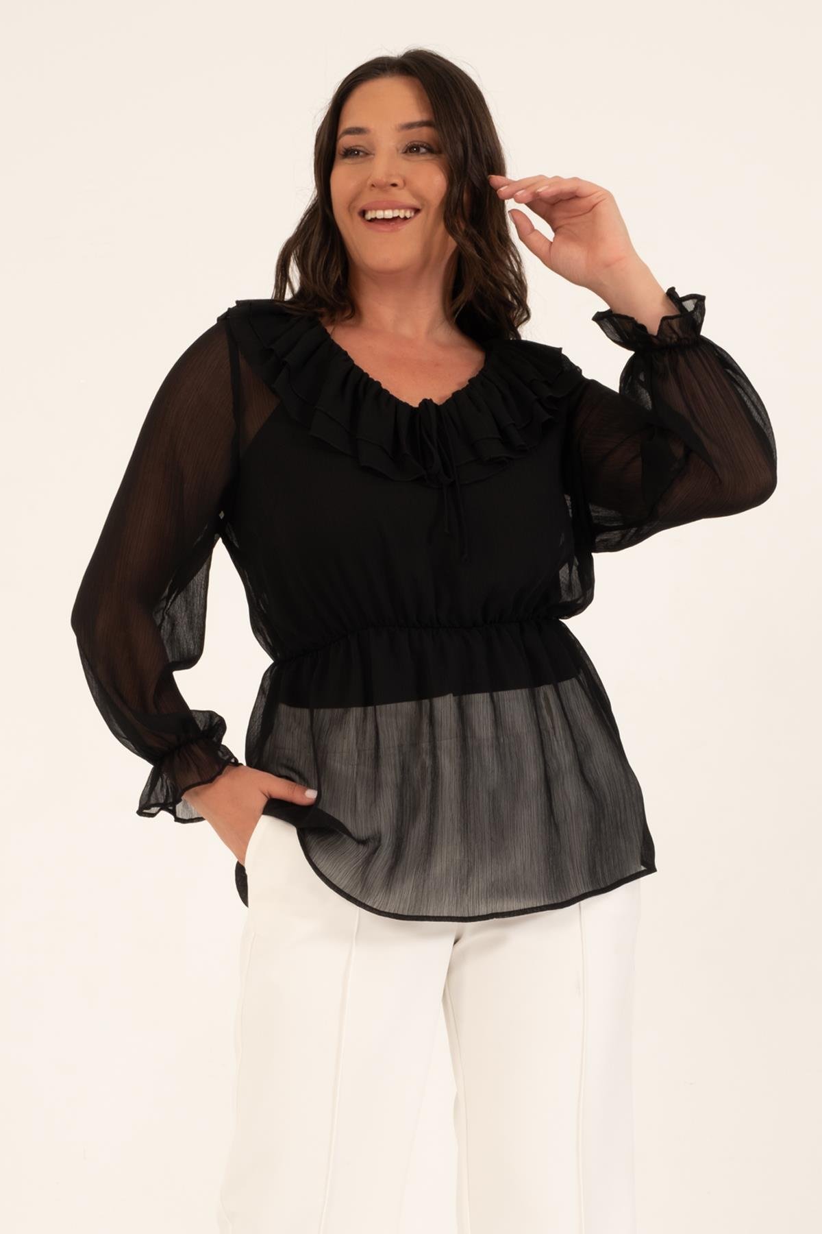 Myline-Volanlı Şifon Romantik Bluz-Büyük Beden Bluz-118431