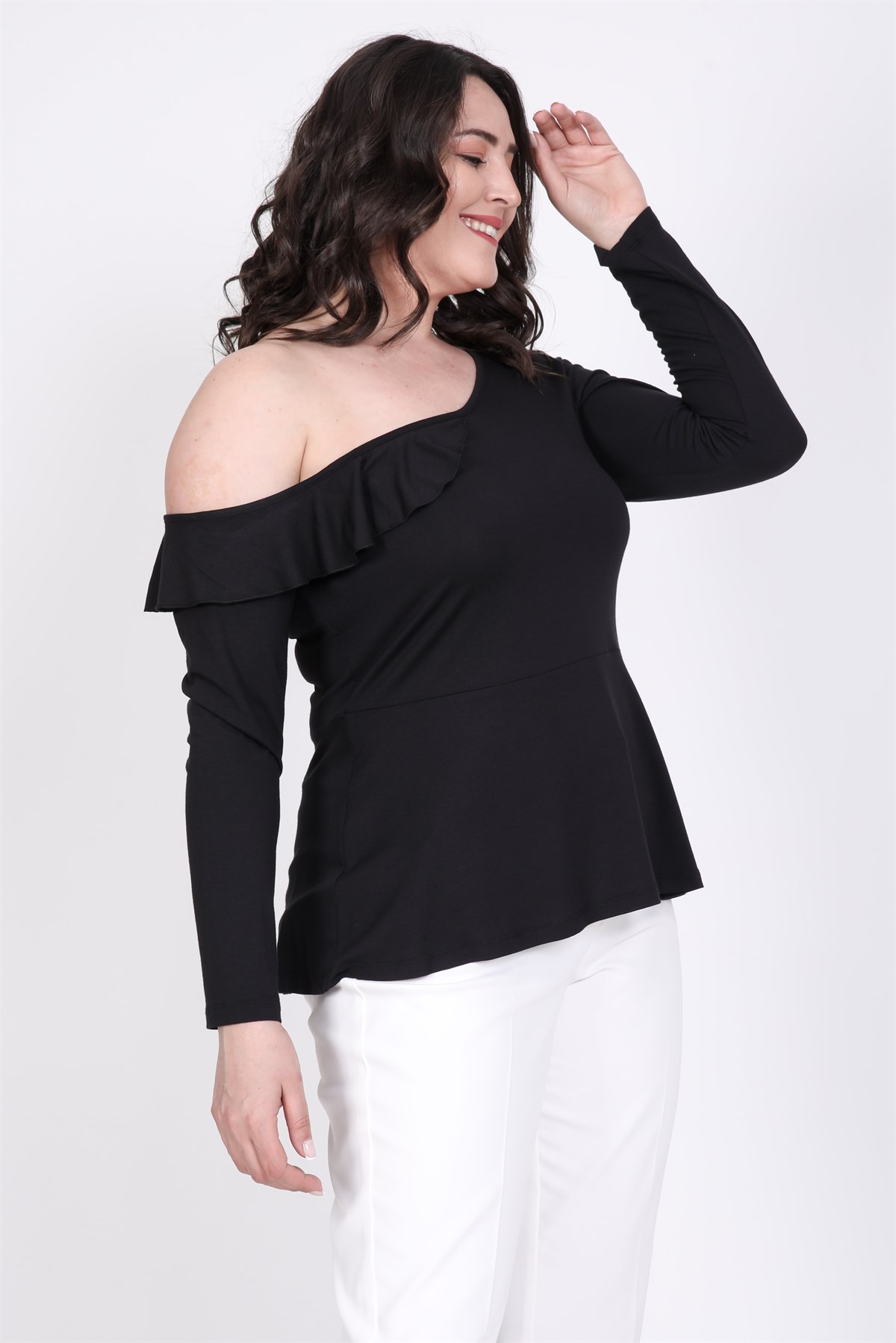 Myline-Volanlı Tek Kol Düşük Peplum Bluz-Büyük Beden Bluz-35274