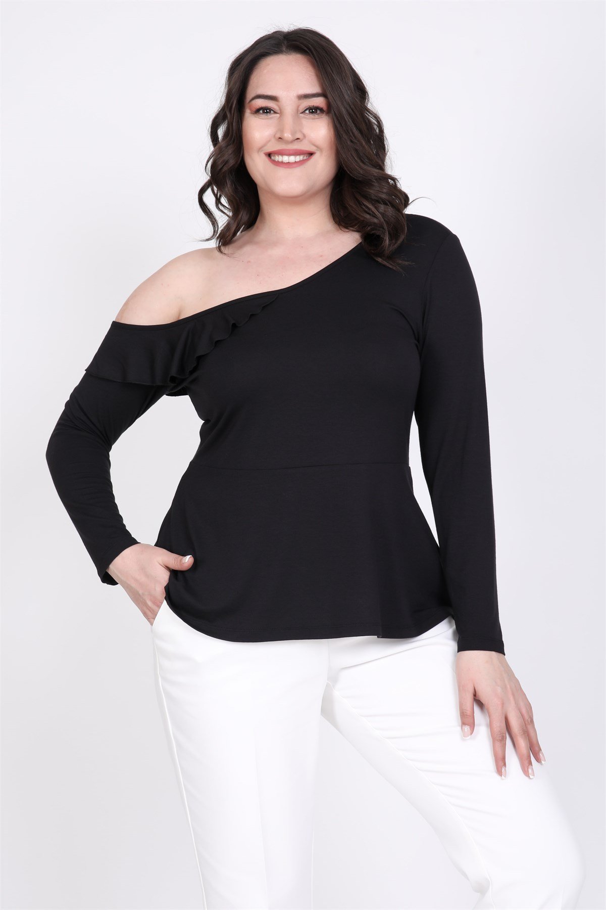 Myline-Volanlı Tek Kol Düşük Peplum Bluz-Büyük Beden Bluz-35274