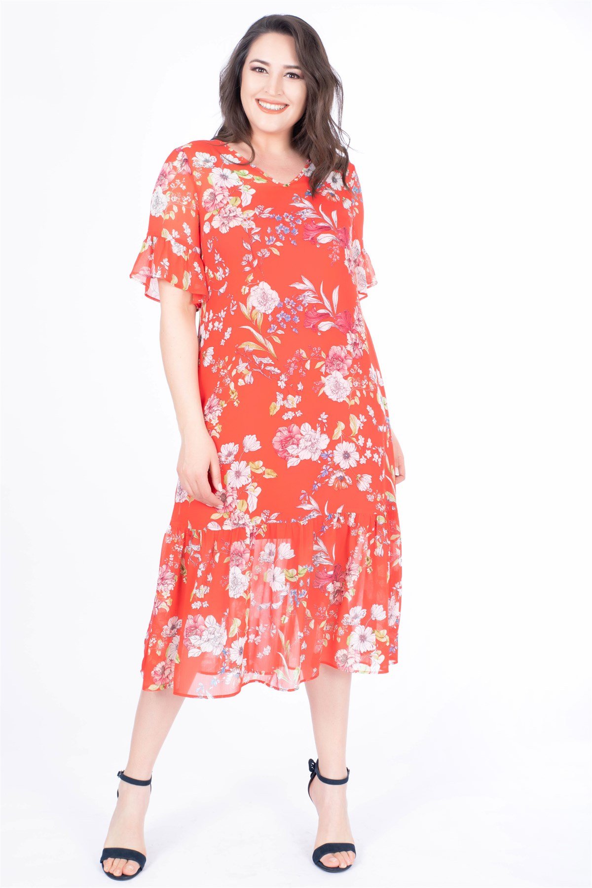 MYLINE-Volanlı Uzun Elbise-Elbise-34603