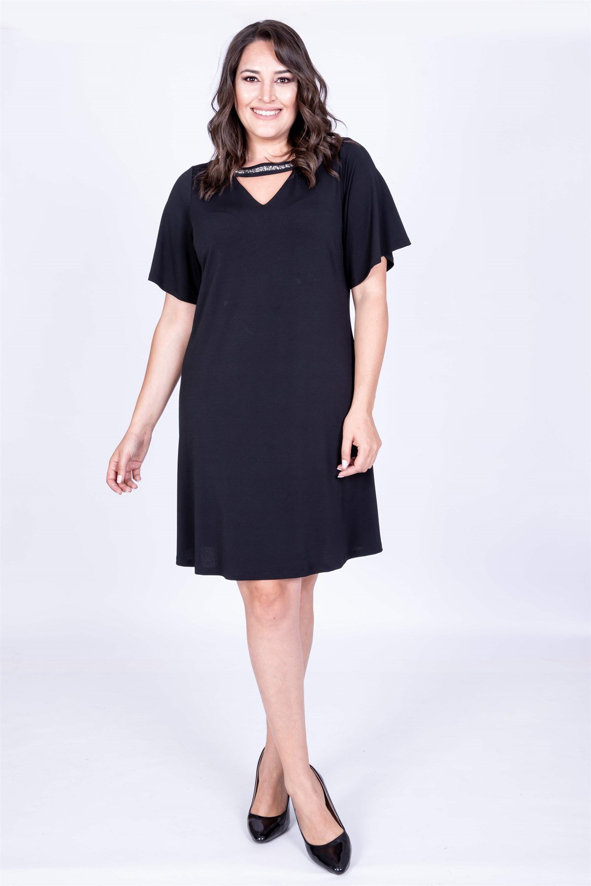 Myline-Yaka Çerçevesi Taşlı Elbise-Büyük Beden Günlük Elbiseler-35216